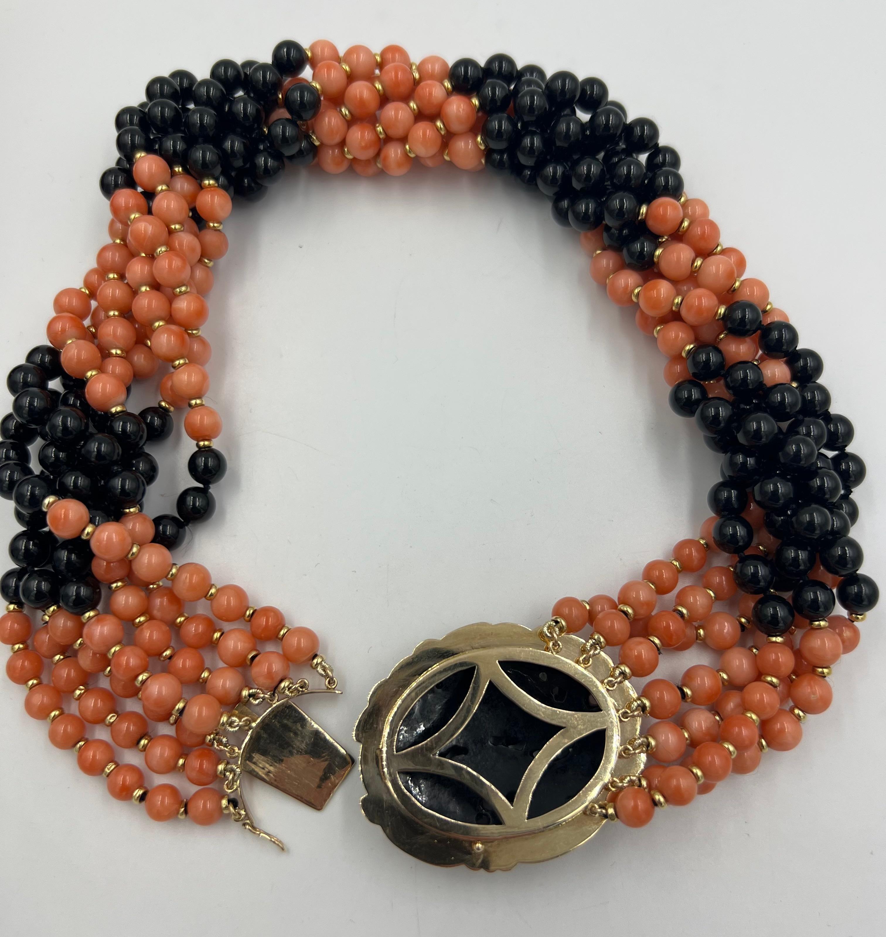 Coral Onyx Black Jade Multi Strand Torsade Bead Necklace For Sale 10