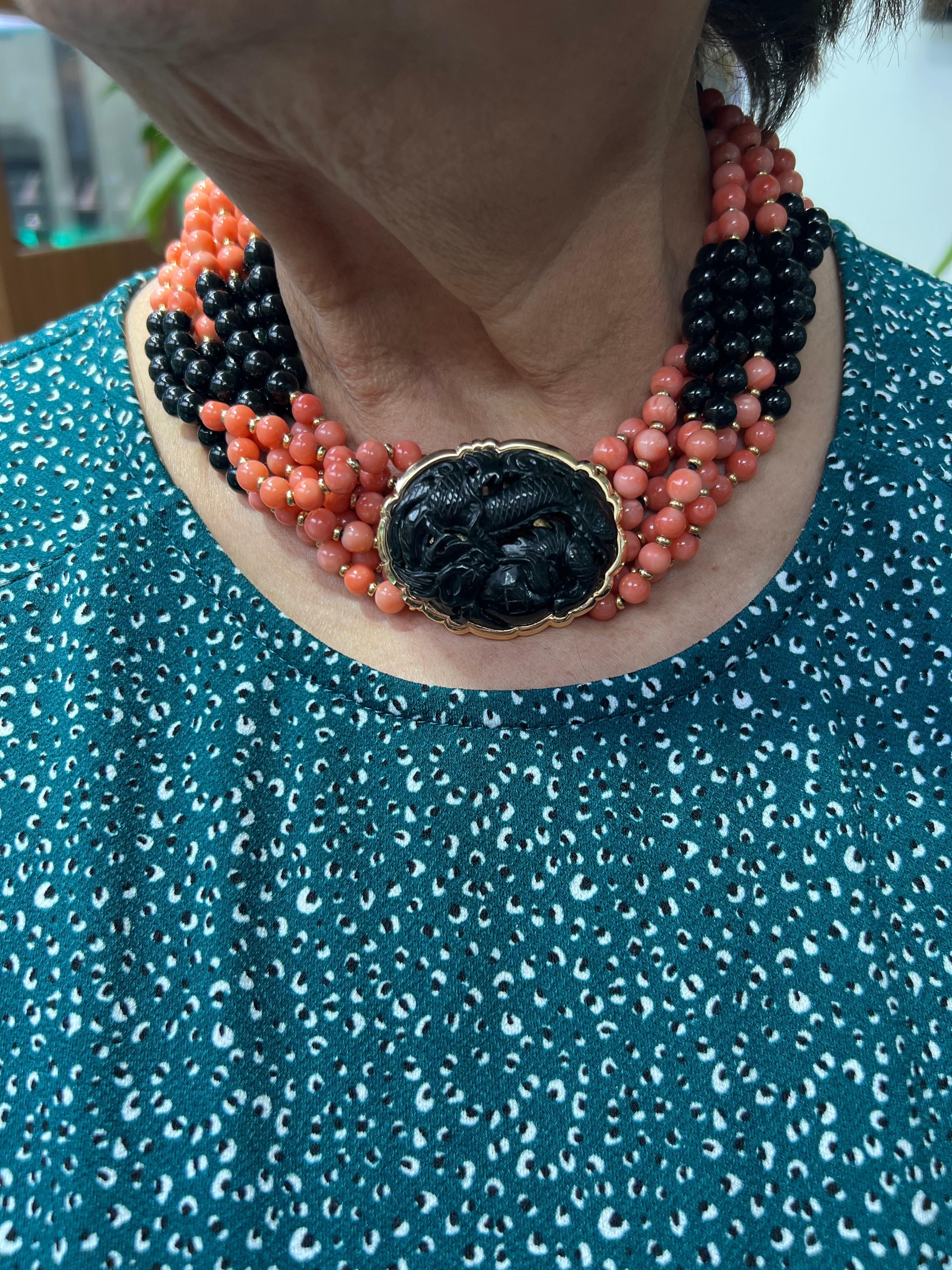 Modern Coral Onyx Black Jade Multi Strand Torsade Bead Necklace For Sale