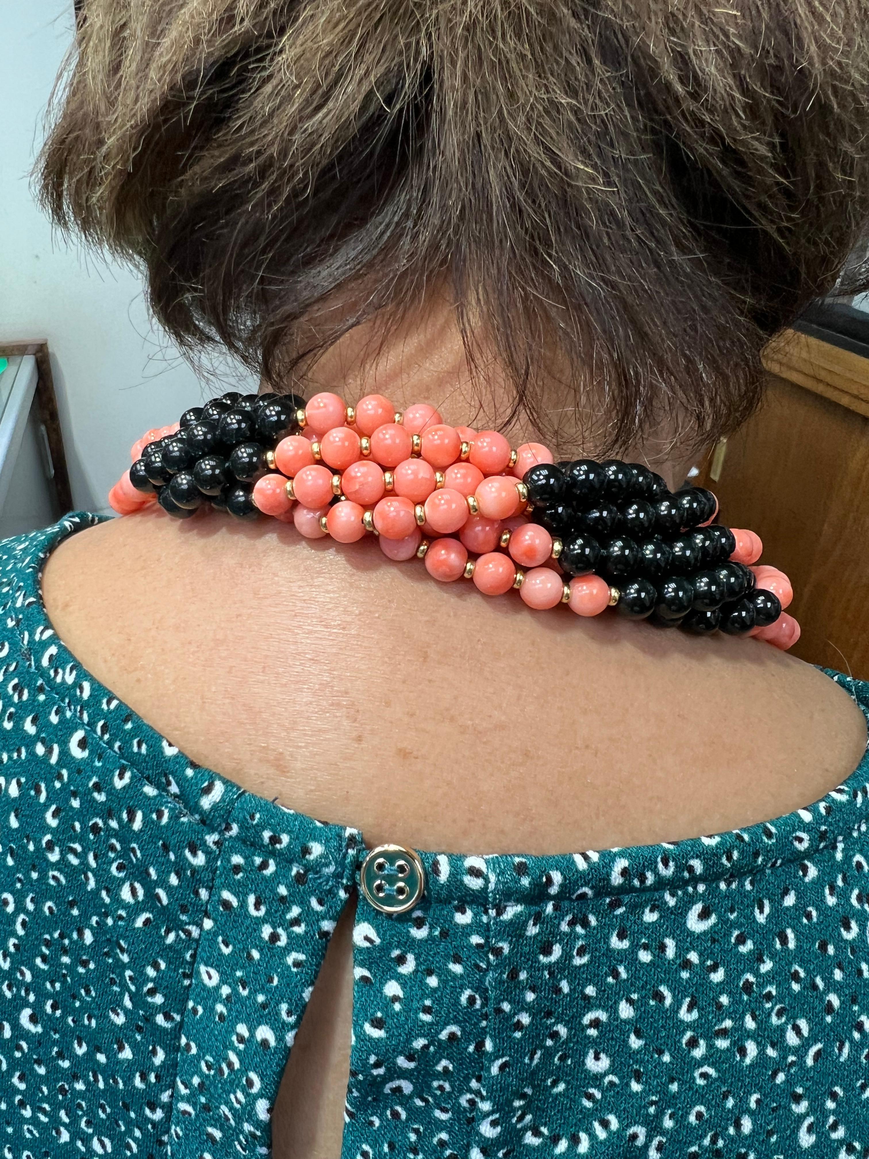 Coral Onyx Black Jade Multi Strand Torsade Bead Necklace In Good Condition For Sale In Los Angeles, CA
