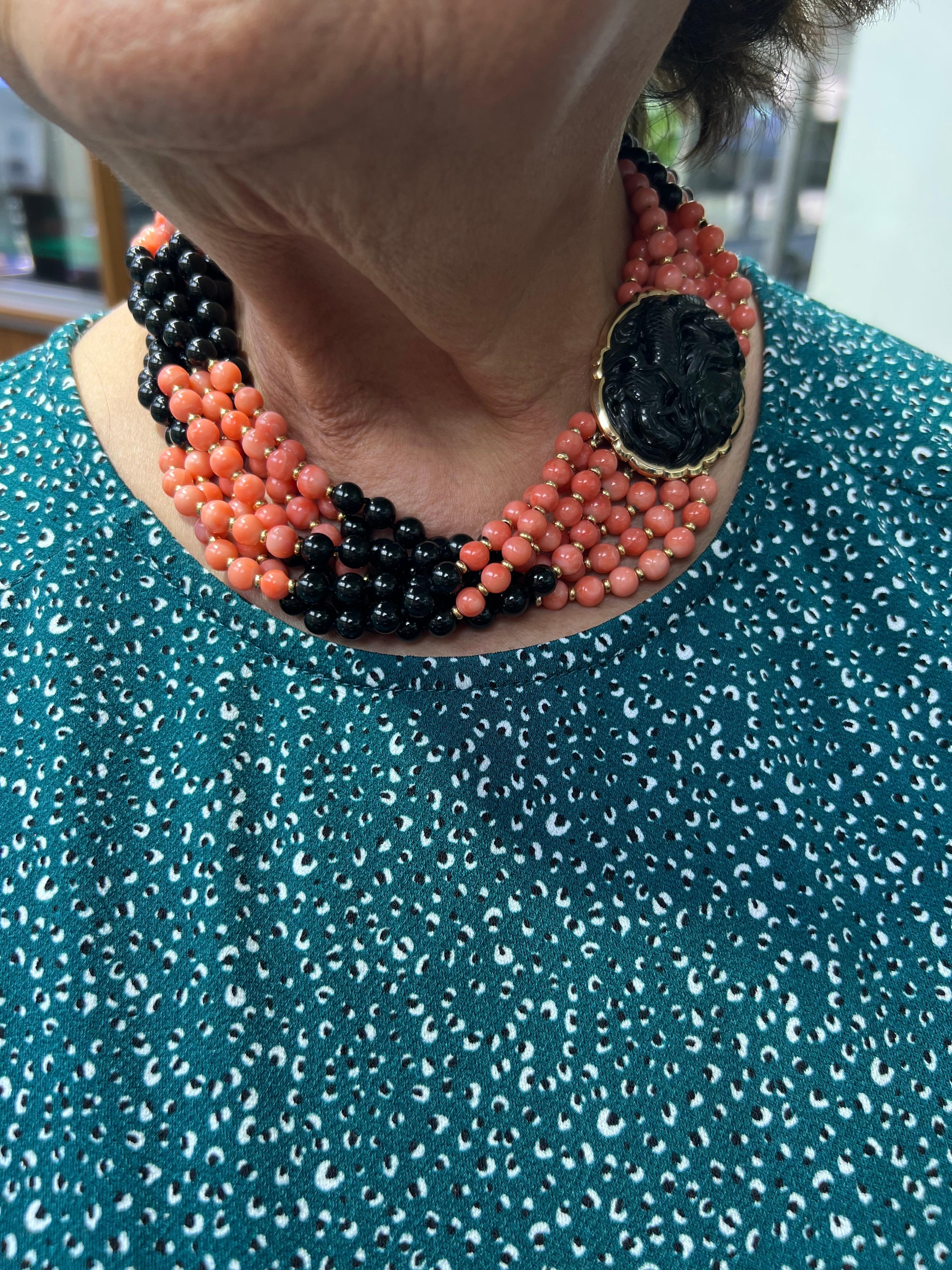 Women's or Men's Coral Onyx Black Jade Multi Strand Torsade Bead Necklace For Sale