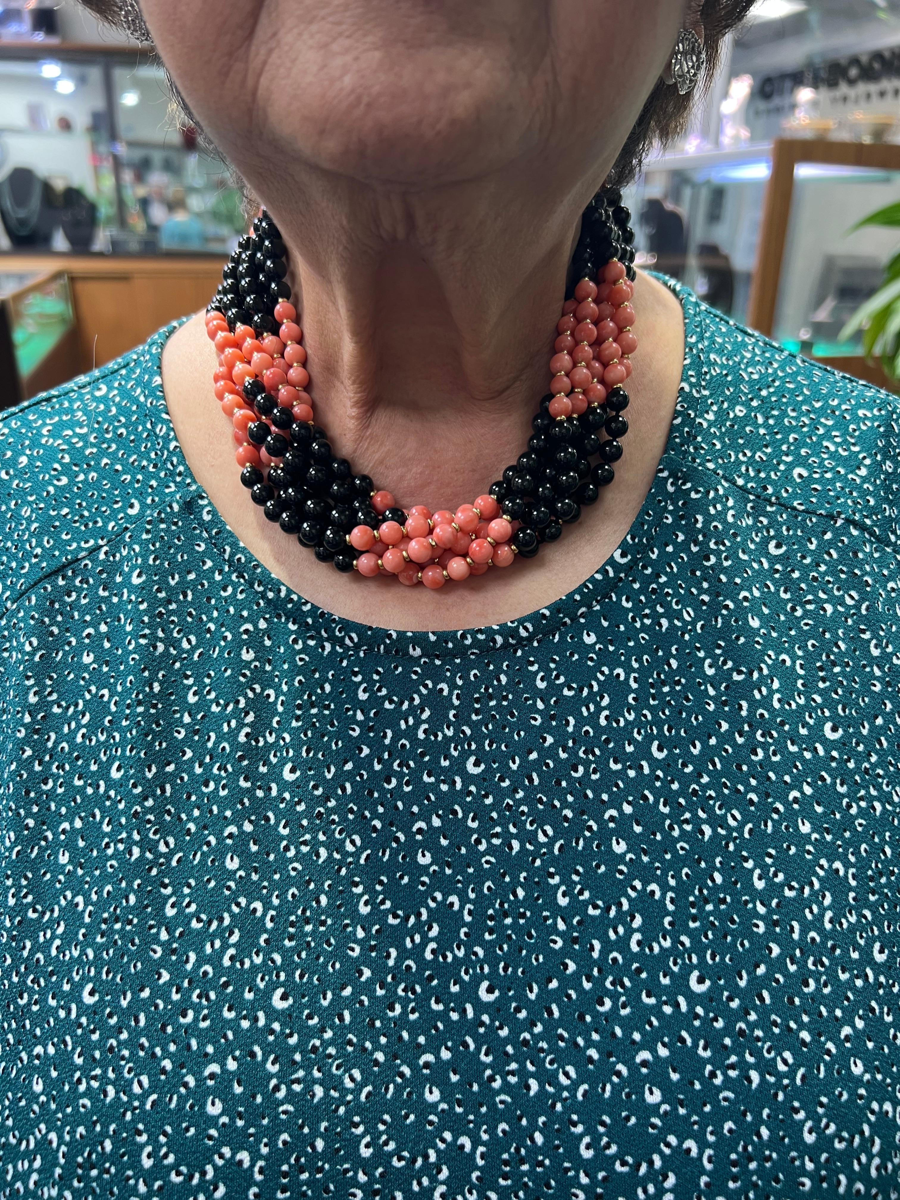 Coral Onyx Black Jade Multi Strand Torsade Bead Necklace For Sale 1