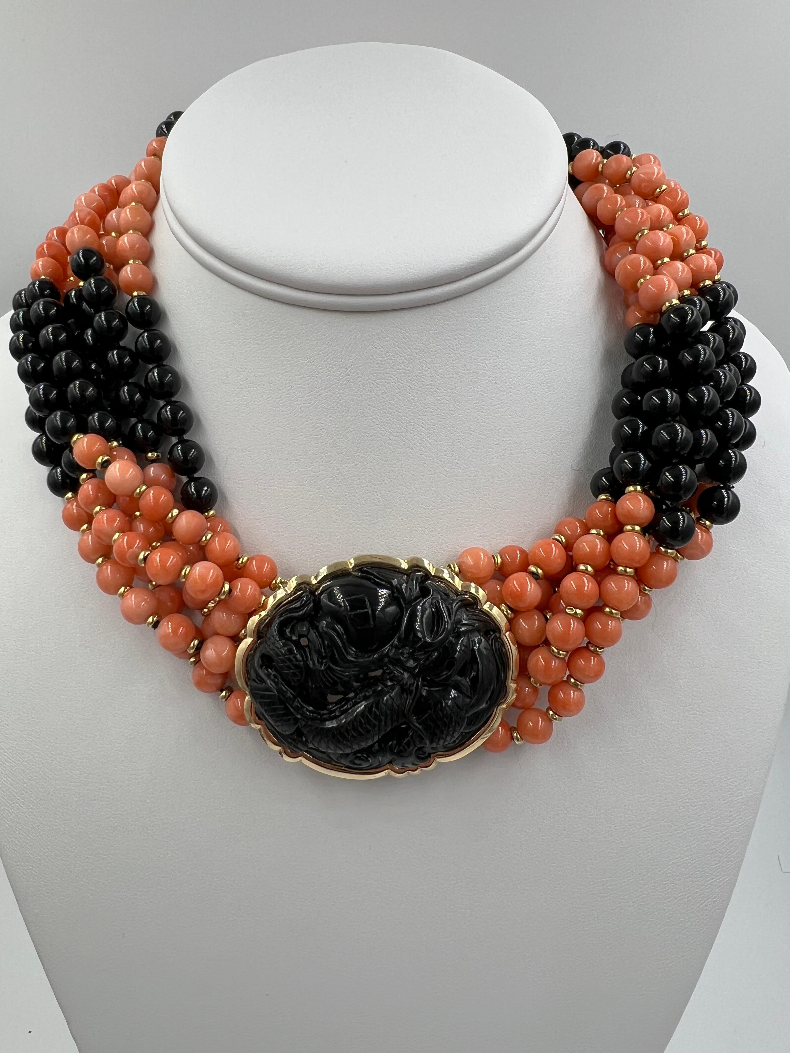 Coral Onyx Black Jade Multi Strand Torsade Bead Necklace For Sale 2