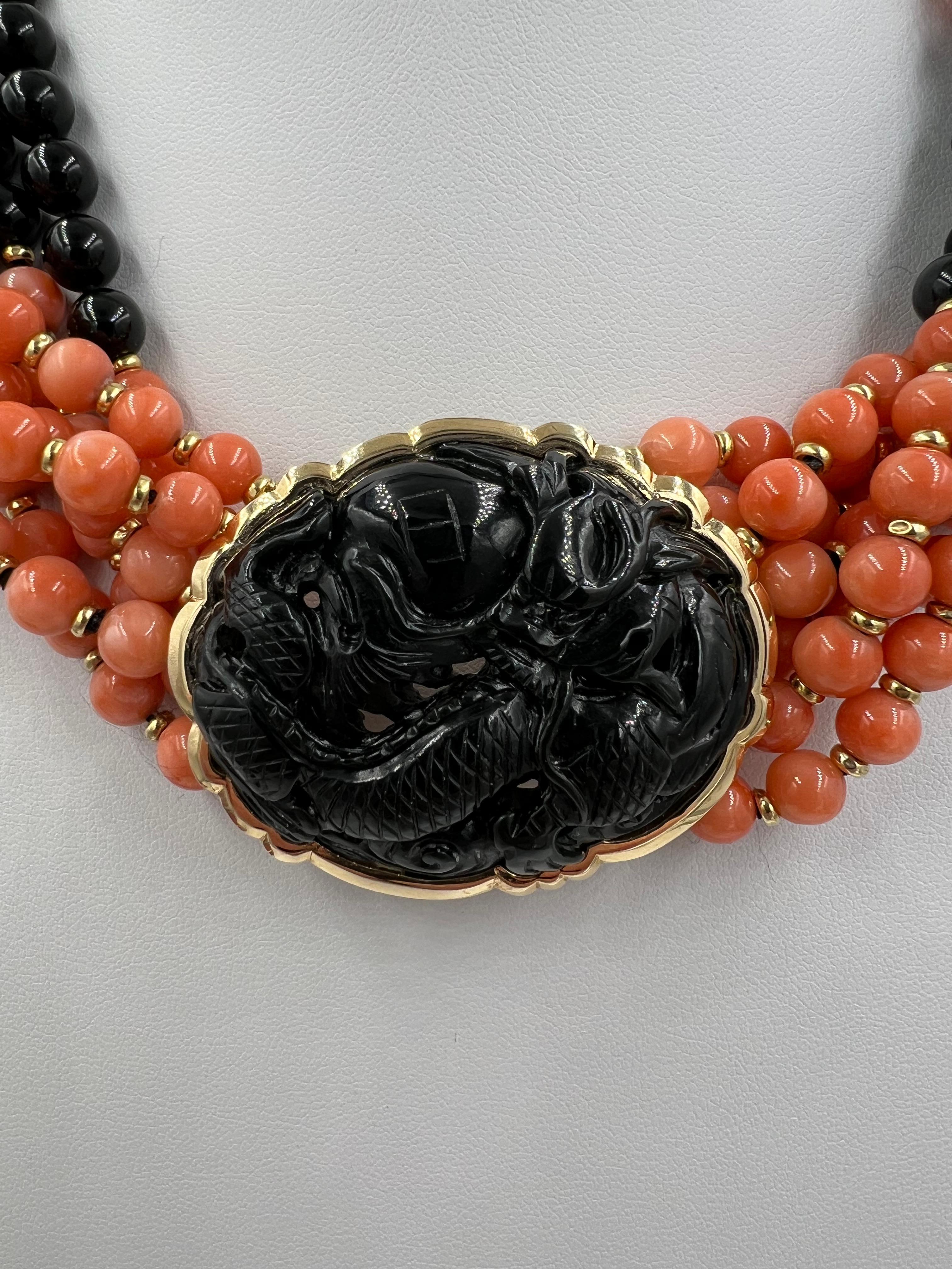 Coral Onyx Black Jade Multi Strand Torsade Bead Necklace For Sale 3
