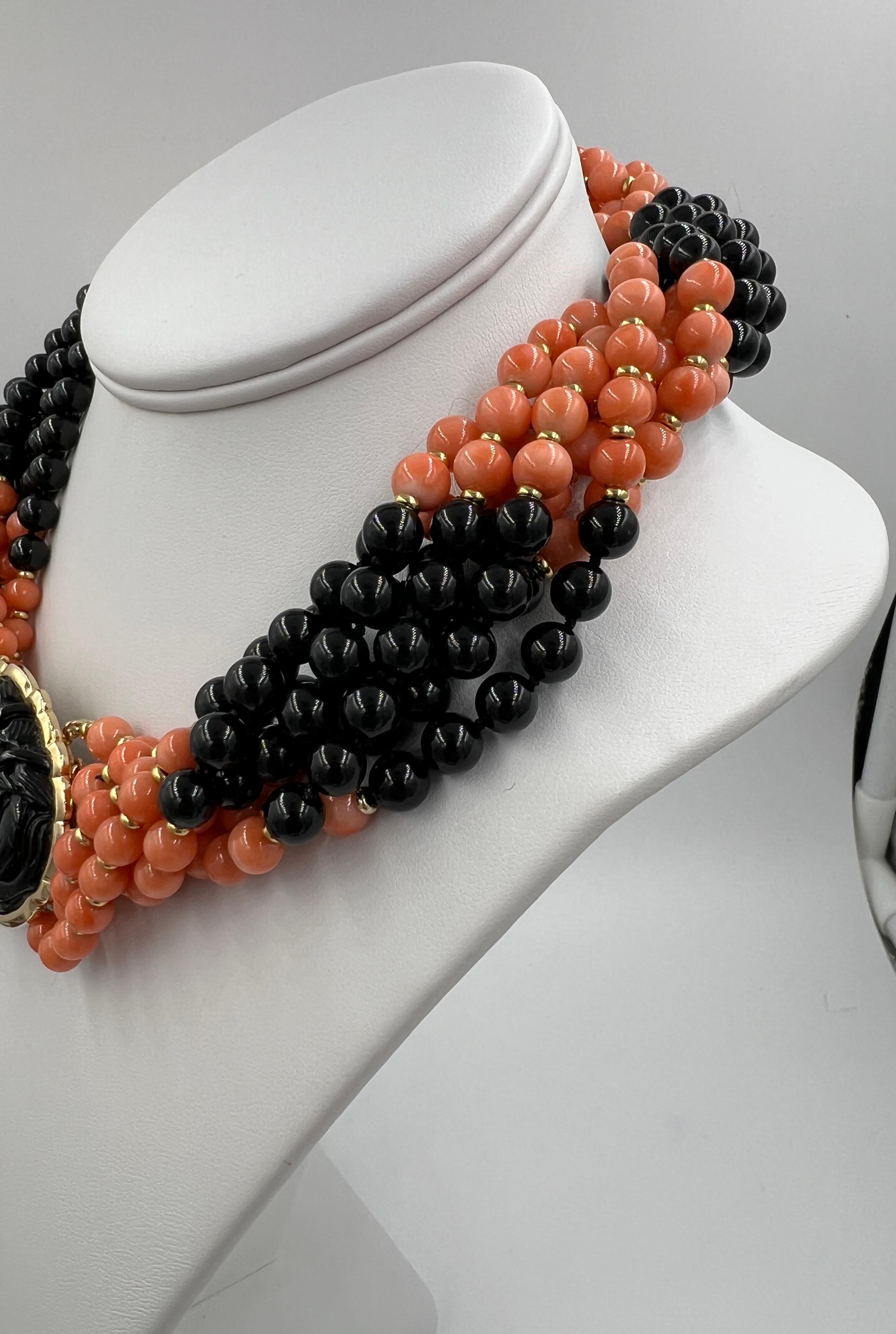 Coral Onyx Black Jade Multi Strand Torsade Bead Necklace For Sale 4