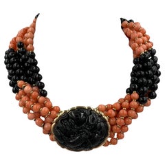 Coral Onyx Black Jade Multi Strand Torsade Bead Necklace