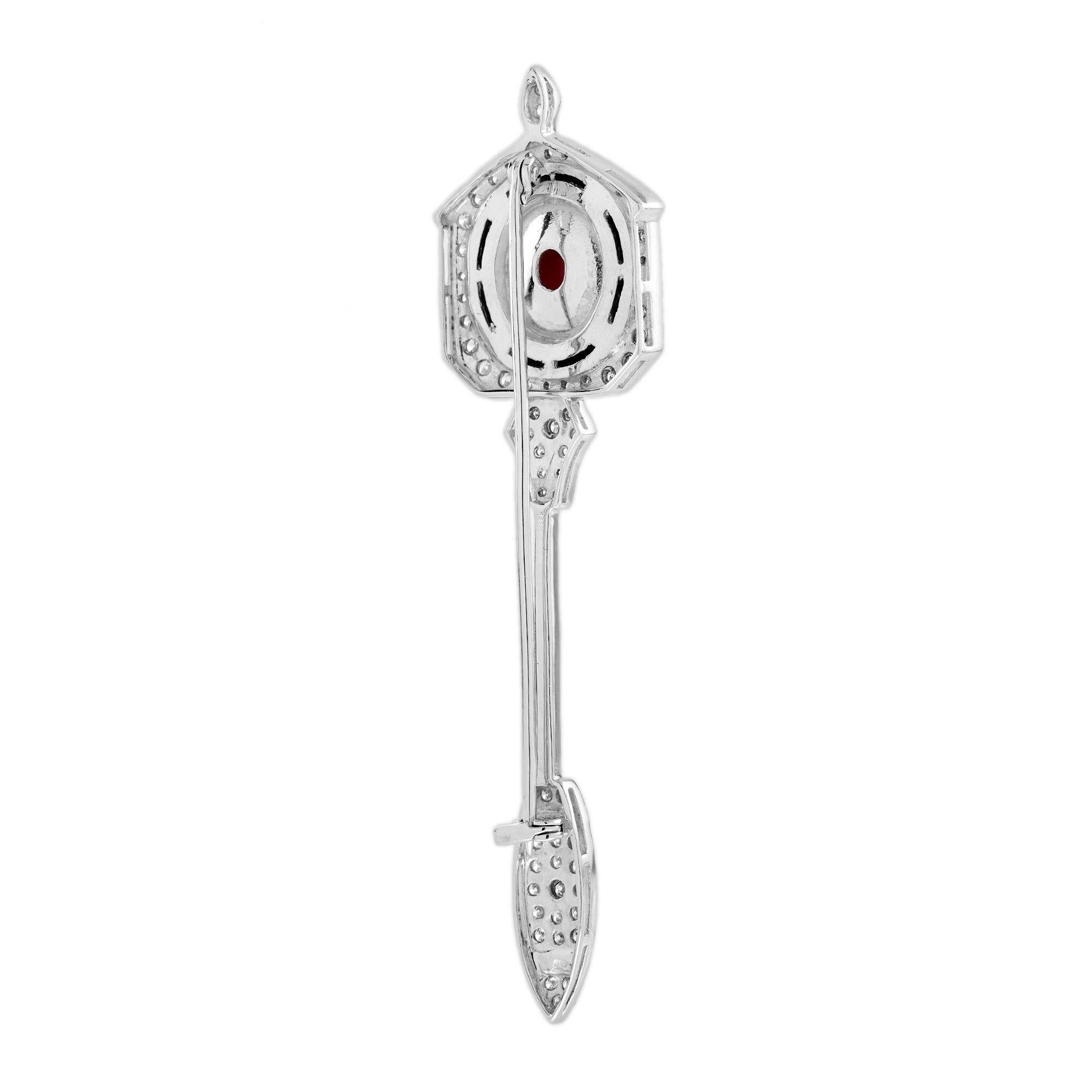 Broche alfiler de oro blanco de 14 quilates con flecha estilo Art Decó de ónice coralino y diamante Cabujón en venta