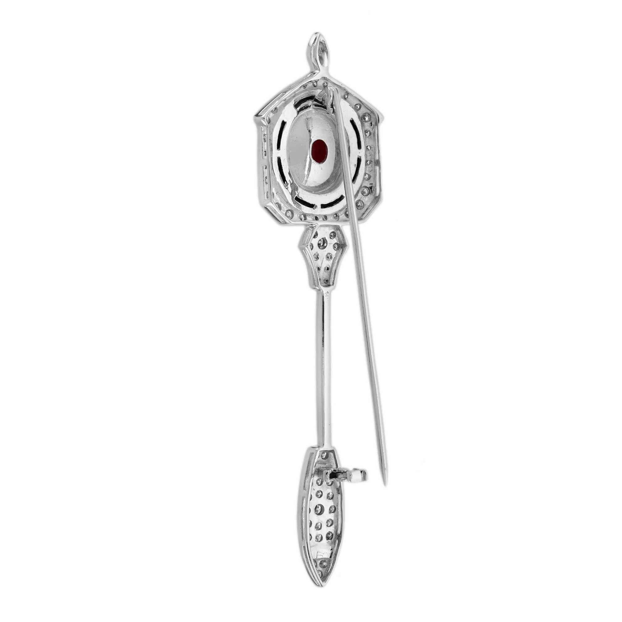 Broche alfiler de oro blanco de 14 quilates con flecha estilo Art Decó de ónice coralino y diamante en Nuevo estado para la venta en Oakton, VA