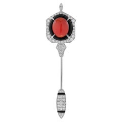 Coral Onyx Diamond Art Deco Style Arrow Brooch in 14K White Gold