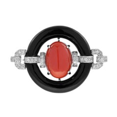 Coral Onyx Diamond Art Deco Style Brooch in 14K White Gold