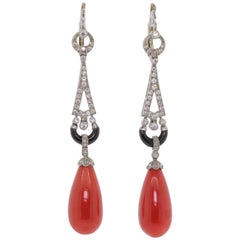 Coral Onyx Diamond Platinum Drop Earrings