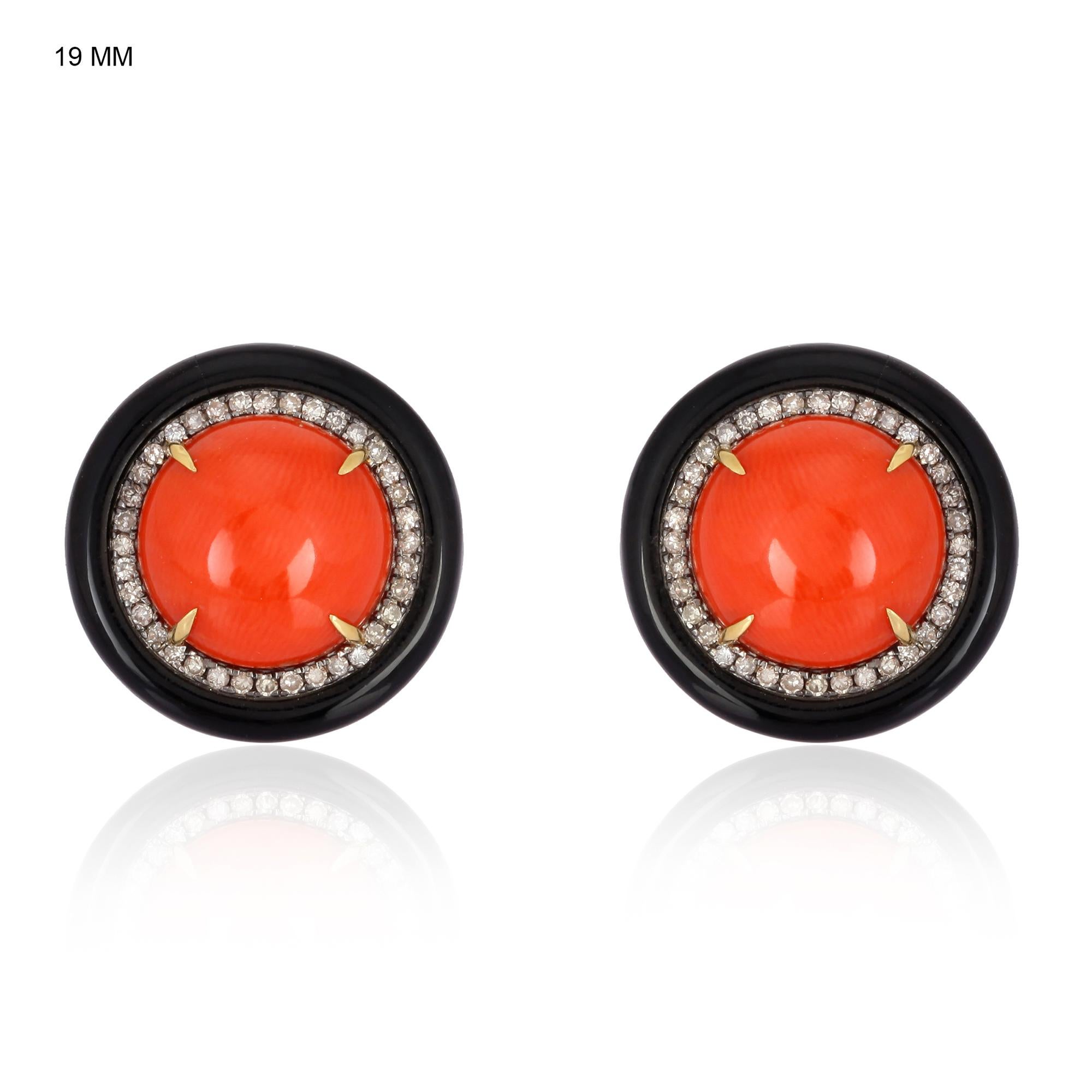 Round Cut Coral Onyx Diamond Stud Earrings For Sale