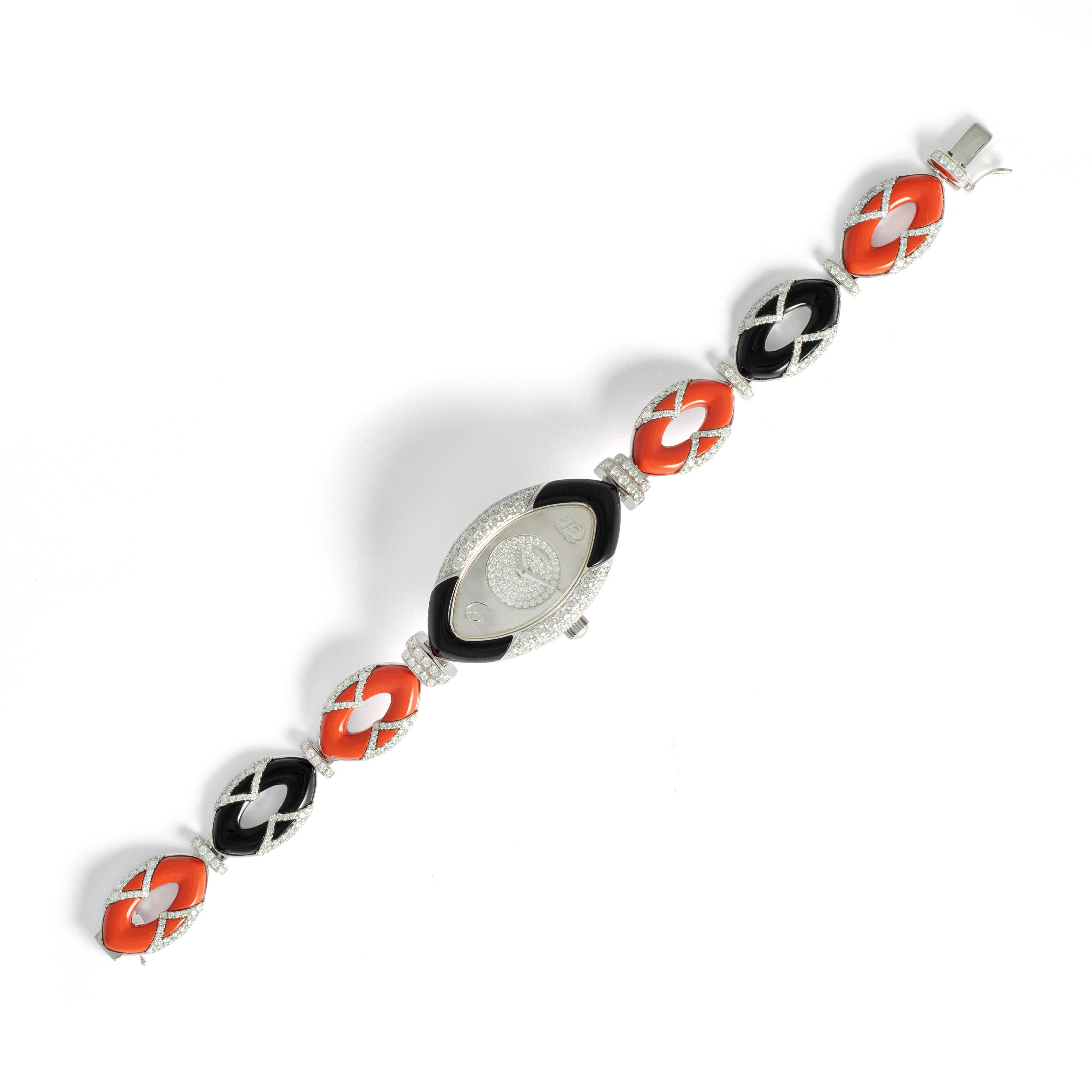 Round Cut Coral Onyx Diamond Swiss Watch For Sale