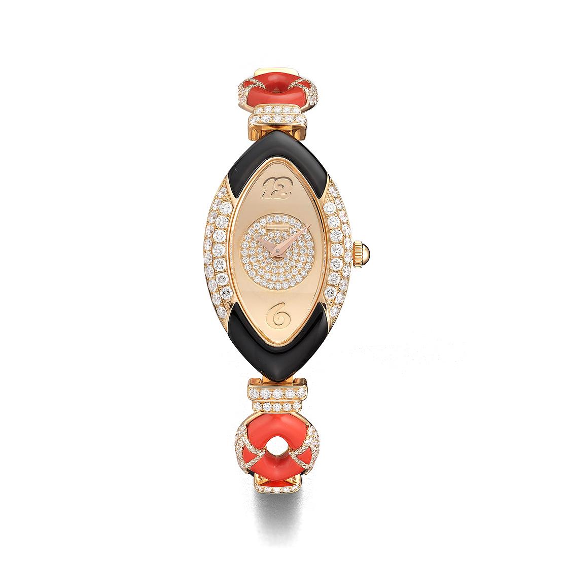 Watch in pink gold 18kt set with 16 coral 7.54 cts, 10 onyx 7.65 cts case dial and bracelet set with 393 diamonds 3.40 cts quartz movement.

We do not guarantee the functioning of this watch.         
