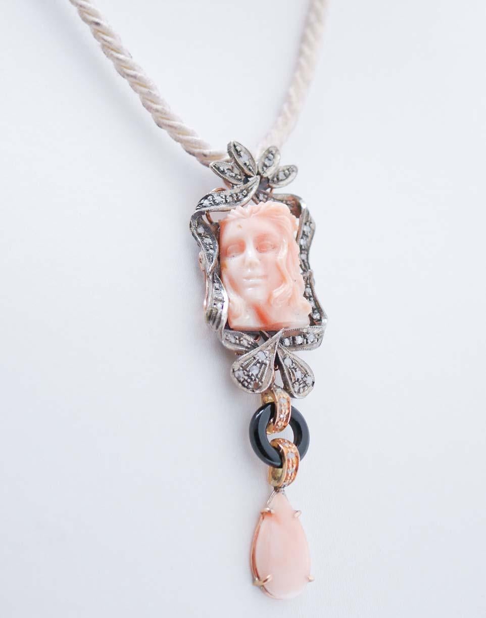 Retro Coral, Onyx, Diamonds, 14 Karat Rose Gold and Silver Pendant.