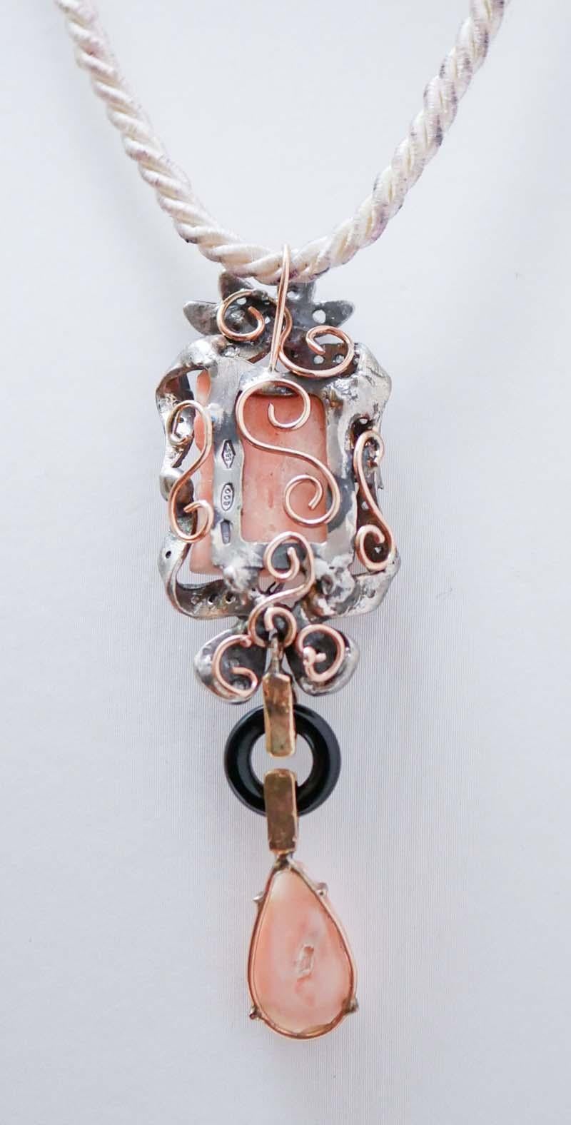 Mixed Cut Coral, Onyx, Diamonds, 14 Karat Rose Gold and Silver Pendant.
