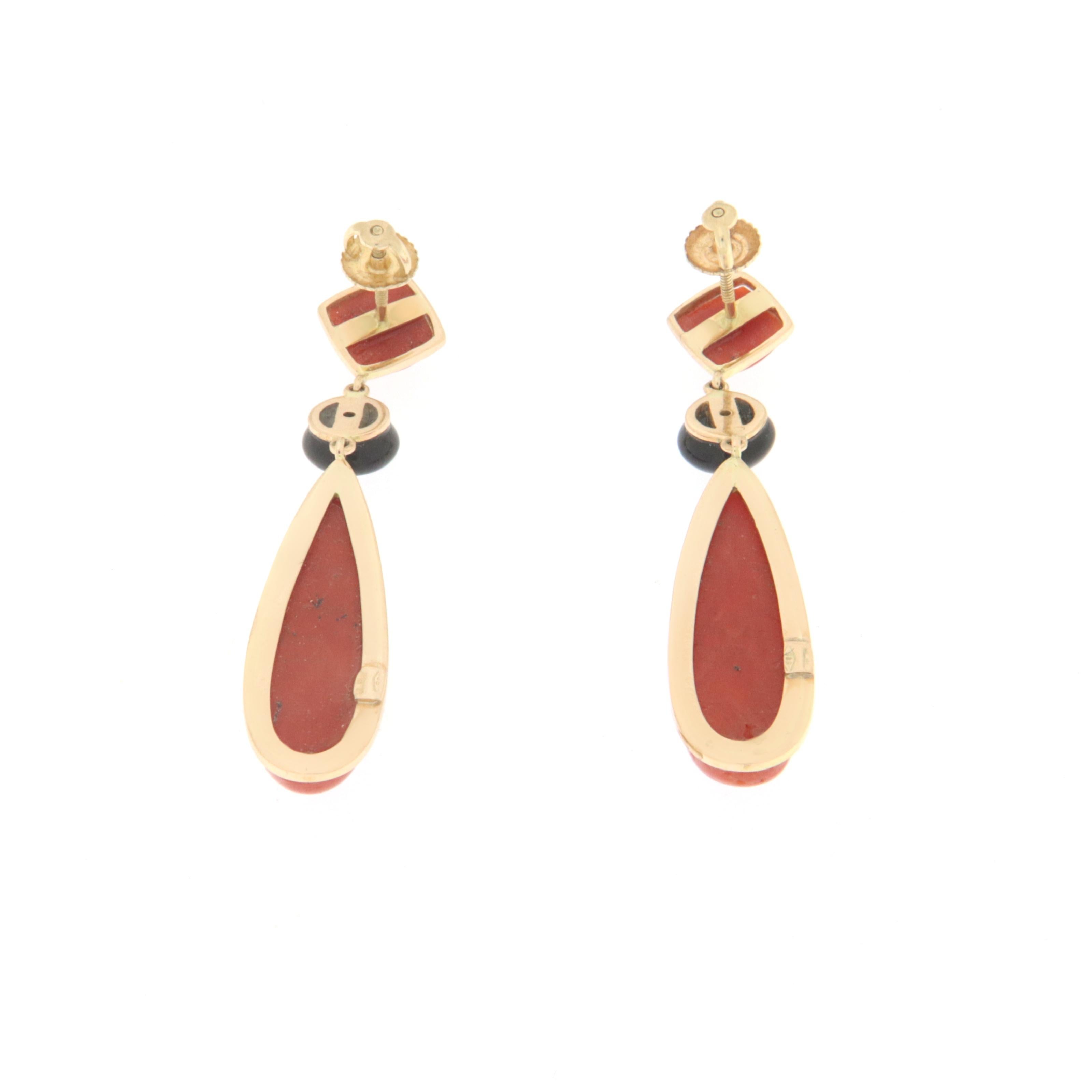 Artisan Coral Onyx Diamonds 14 Karat Yellow Gold Drop Earrings For Sale