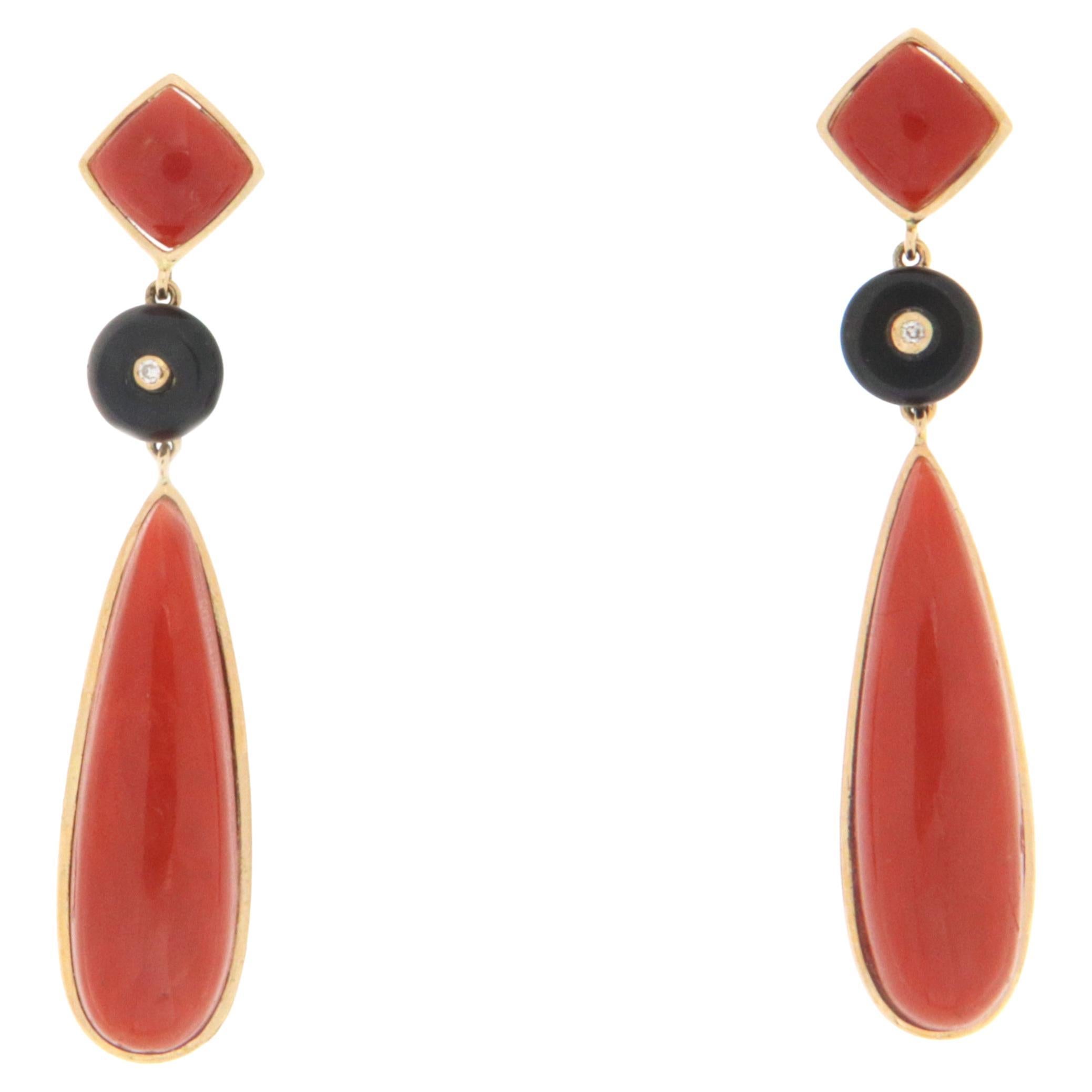 Coral Onyx Diamonds 14 Karat Yellow Gold Drop Earrings For Sale