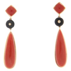 Coral Onyx Diamonds 14 Karat Yellow Gold Drop Earrings