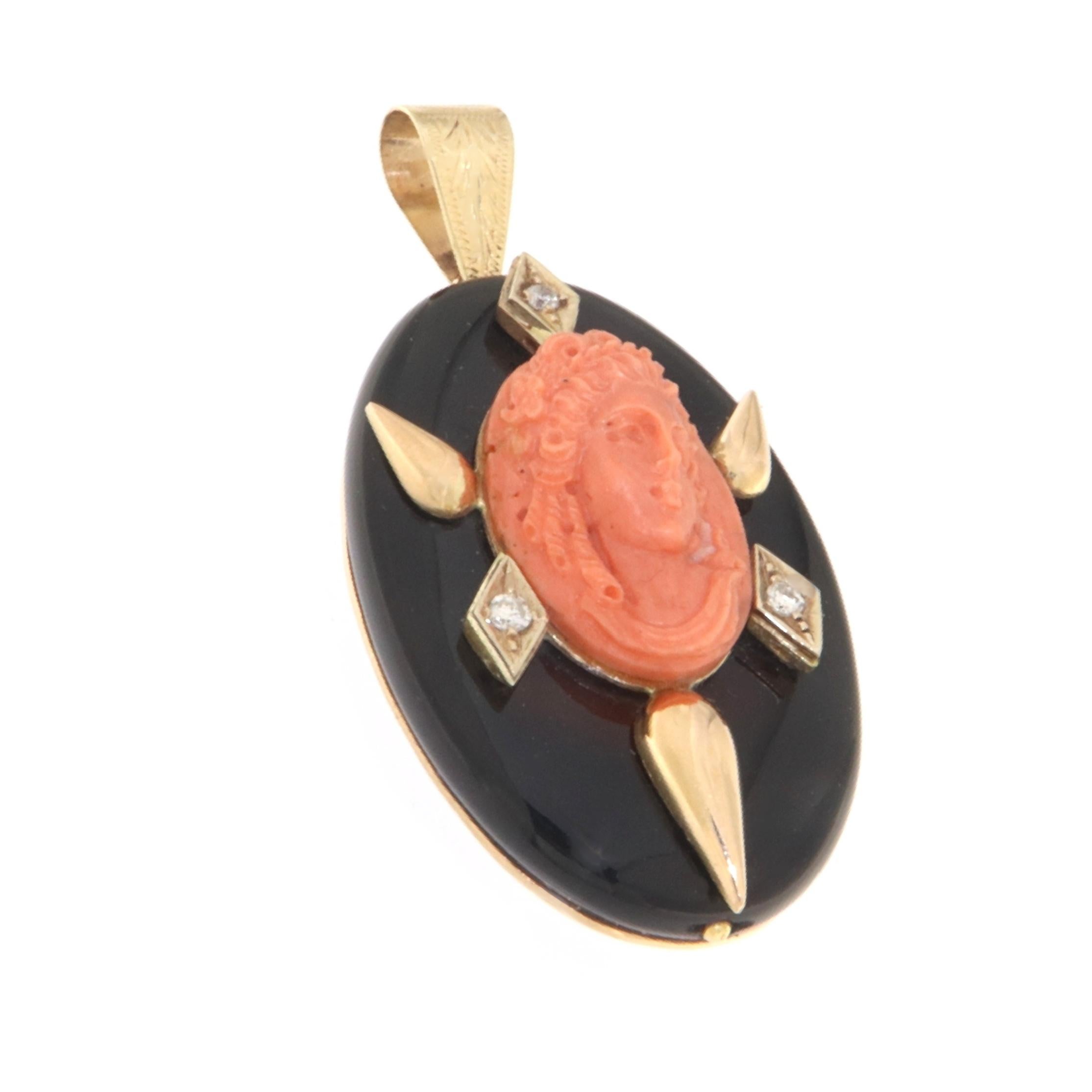 Artisan Coral Onyx Diamonds 14 Karat Yellow Gold Pendant Necklace For Sale