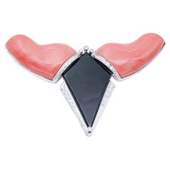 Coral, Onyx, Diamonds, 18 Karat White Gold Brooch