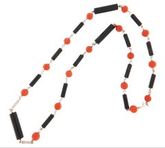 Coral Onyx Diamonds 18 Karat White Gold Choker Necklace