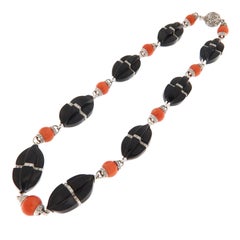 18K White Gold Coral Onyx Diamond Choker Necklace by Scala Gioielli