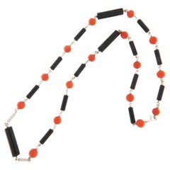 Coral Onyx Diamonds 18 Karat White Gold Choker Necklace
