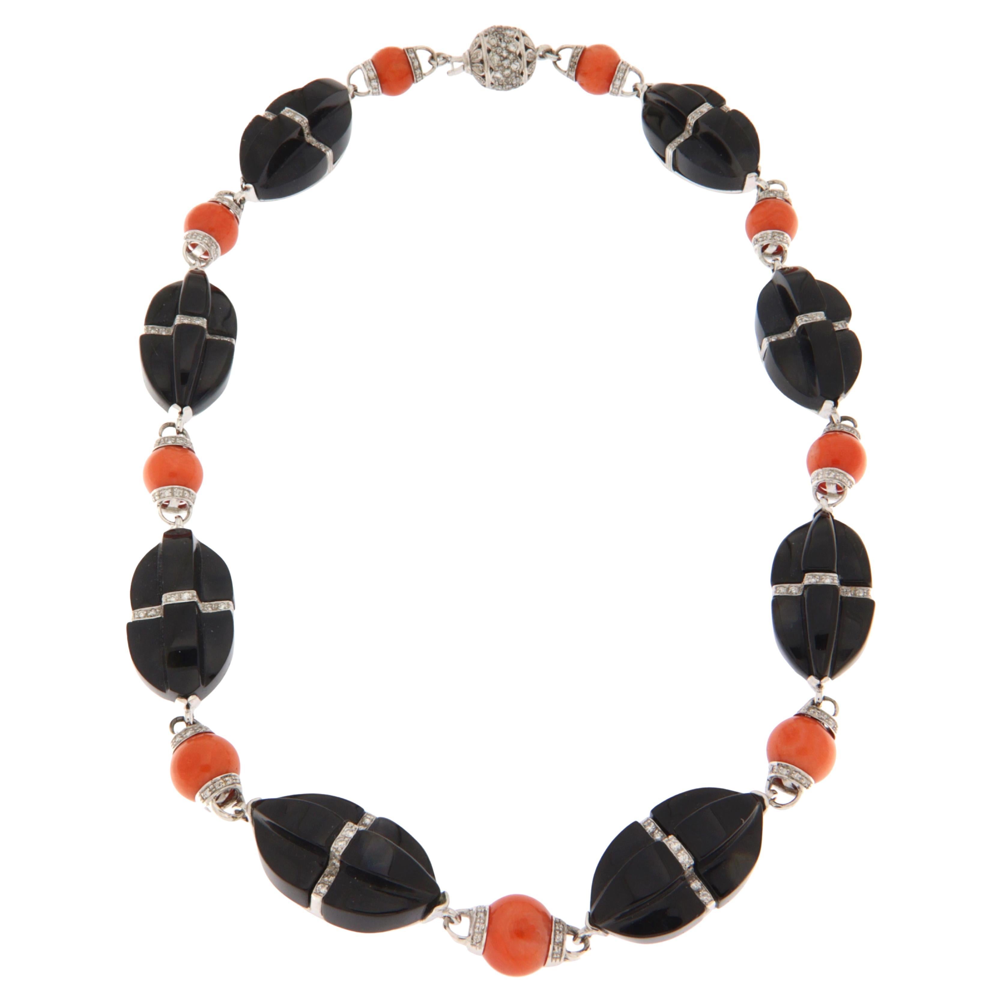 Coral Onyx Diamonds 18 Karat White Gold Choker Necklace