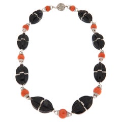 Coral Onyx Diamonds 18 Karat White Gold Choker Necklace
