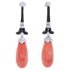 Coral, Onyx, Diamonds, 18 Karat White Gold Dangle Earrings