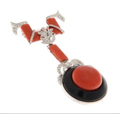 1980s Art Deco Revival Coral, Onyx and Natural Diamond 18K Gold Pendant Brooch