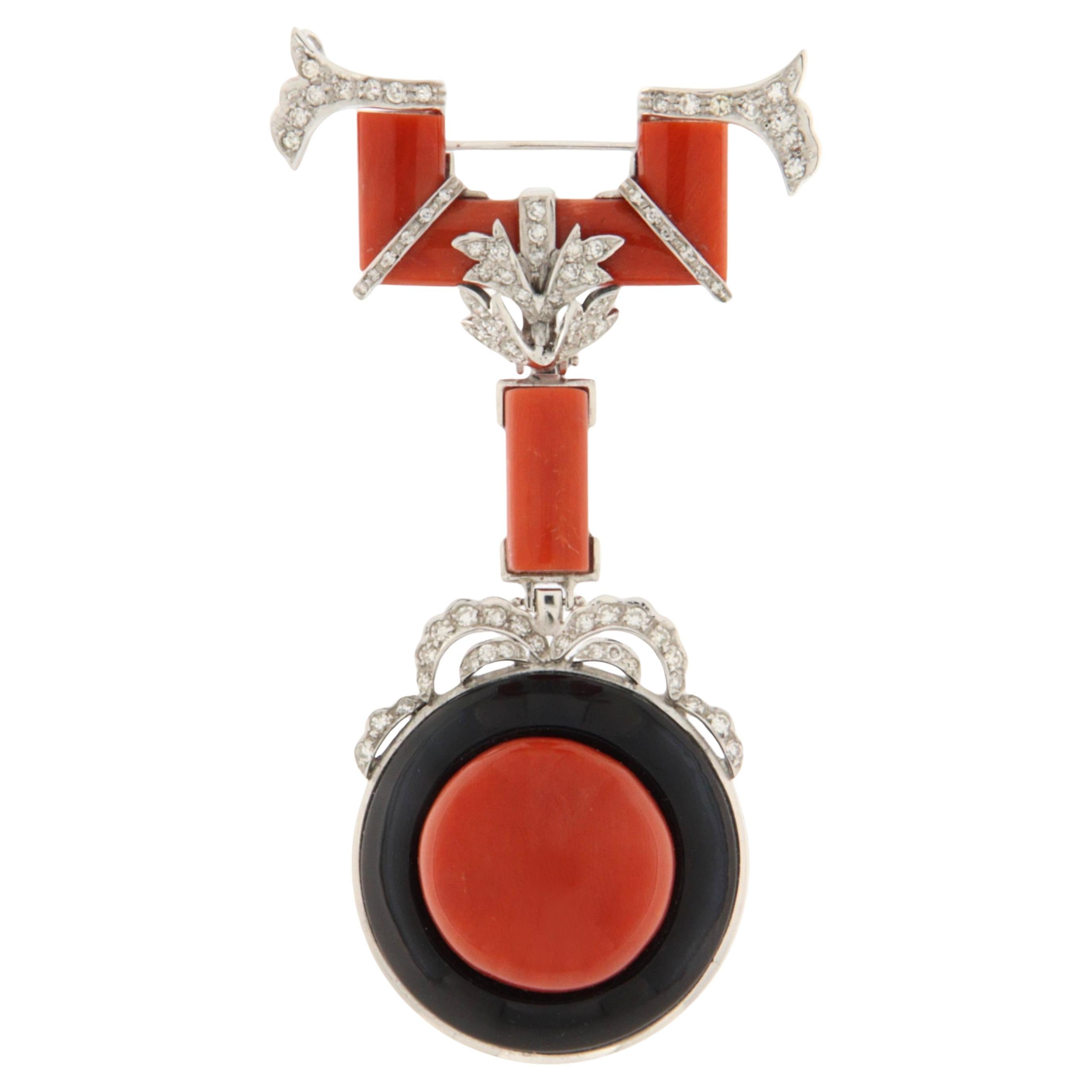 Coral Onyx Diamonds 18 Karat White Gold Pendant Necklace And Brooch