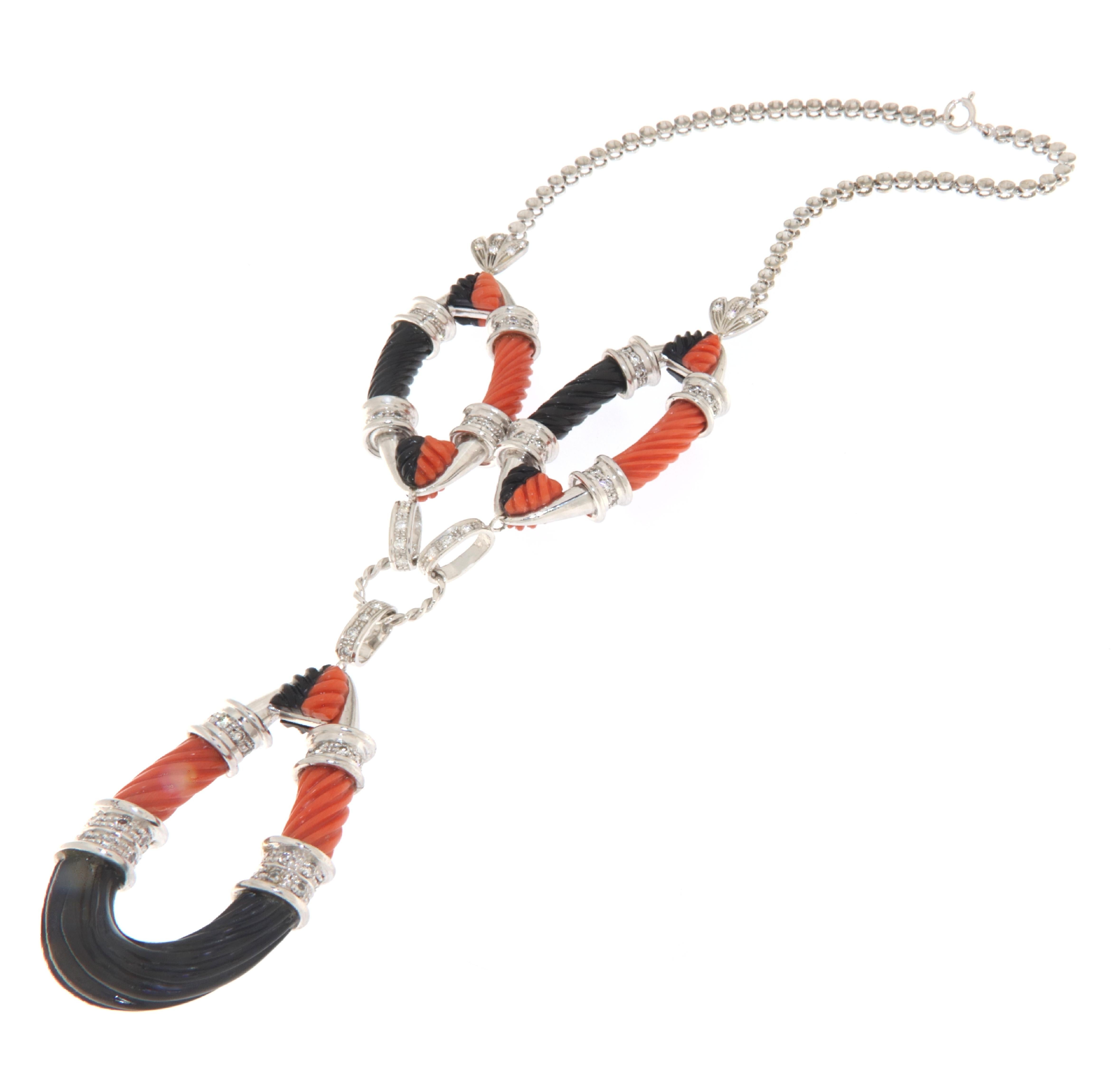 Artisan  Coral Onyx Diamonds 18 Karat White Gold Pendant Necklace For Sale