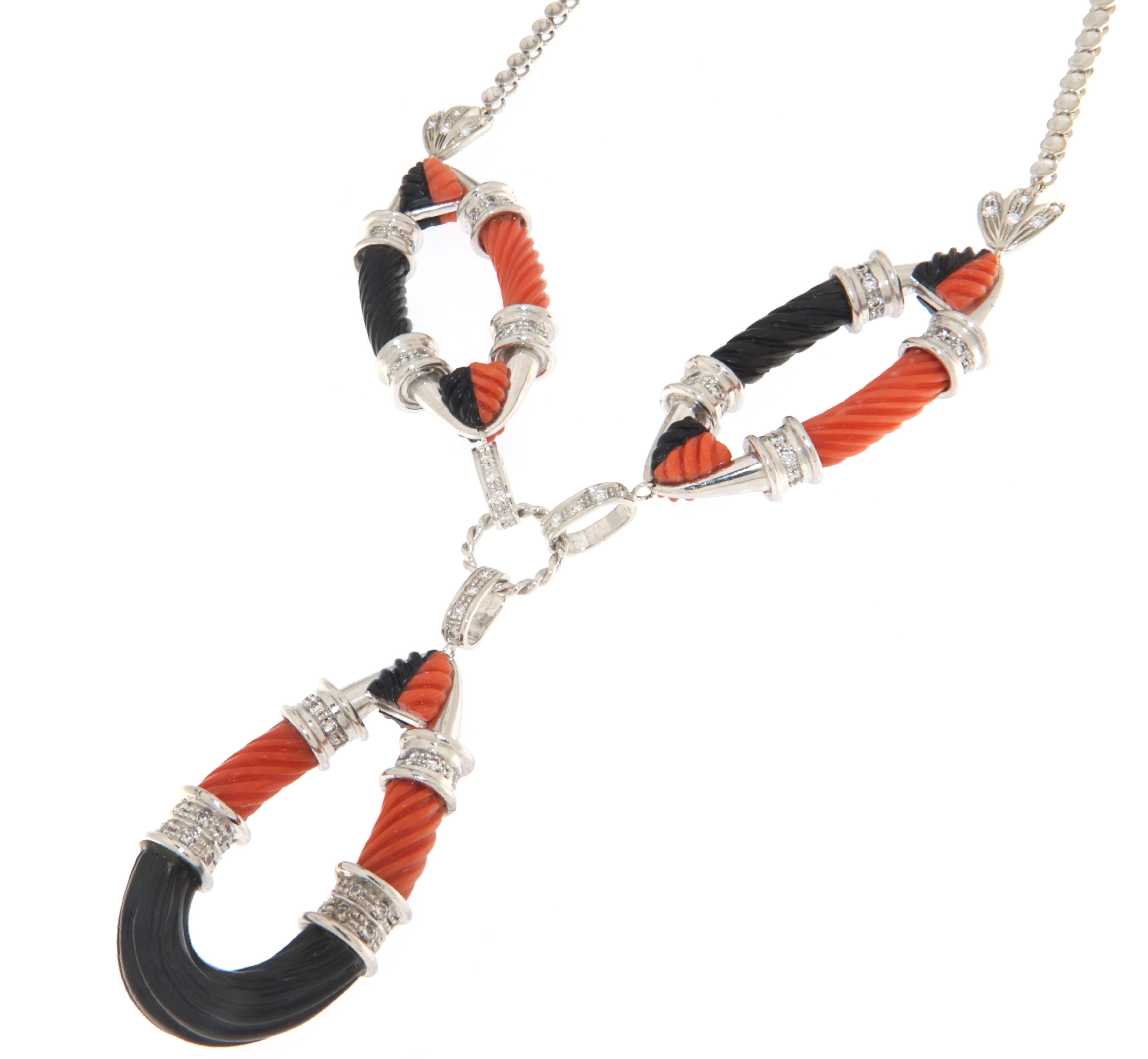 Brilliant Cut  Coral Onyx Diamonds 18 Karat White Gold Pendant Necklace For Sale