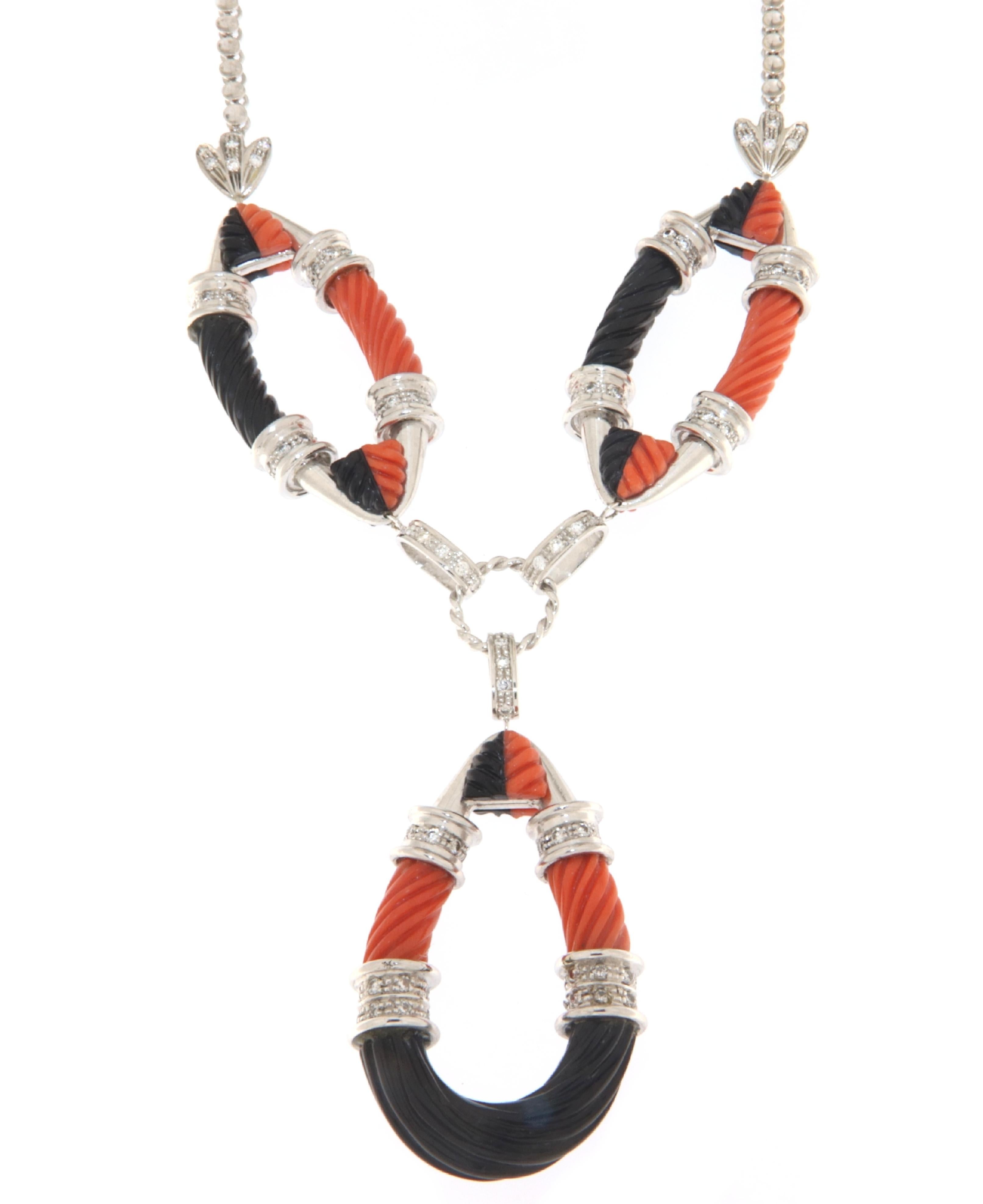 Women's  Coral Onyx Diamonds 18 Karat White Gold Pendant Necklace For Sale