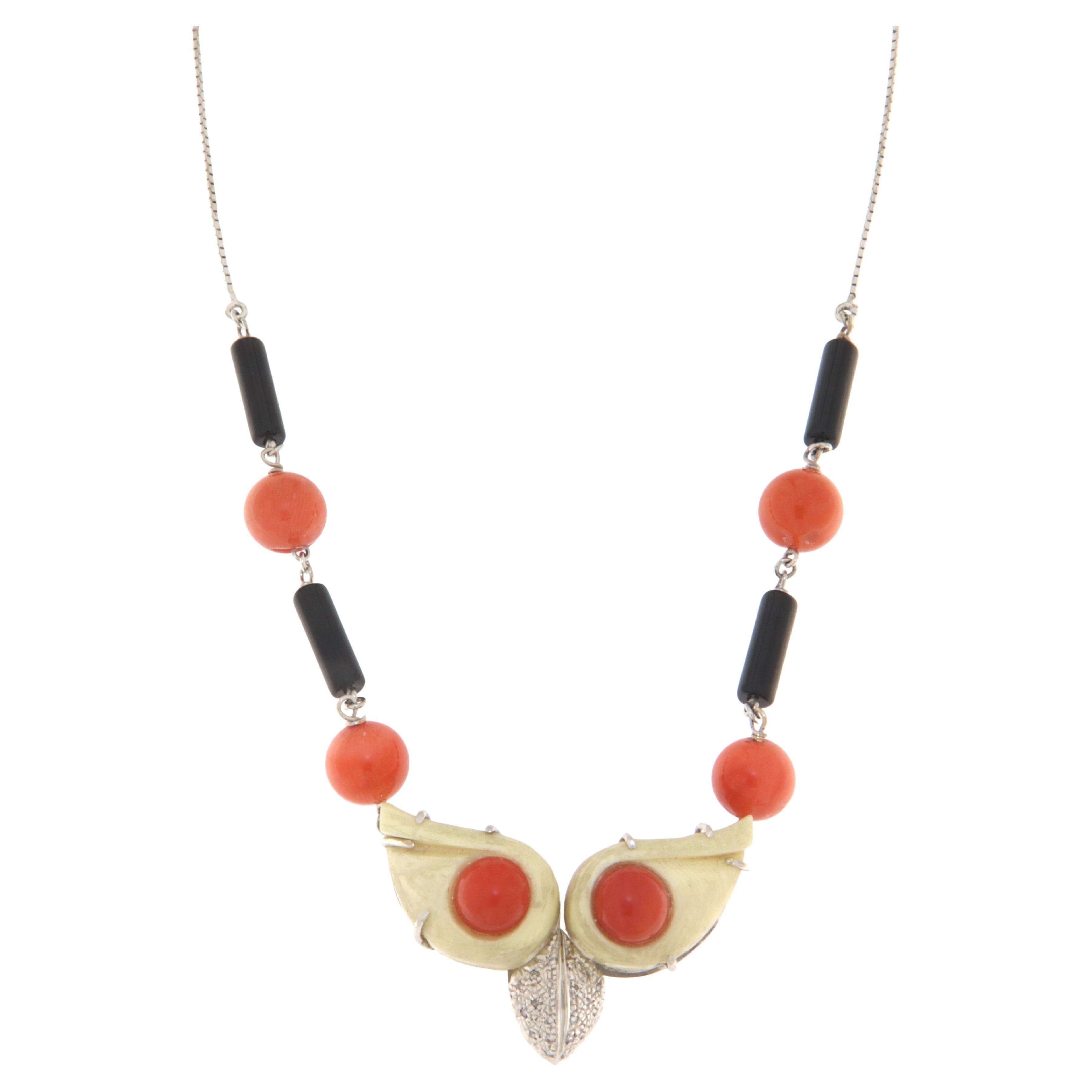 Coral Onyx Diamonds 18 Karat White Gold Pendant Necklace