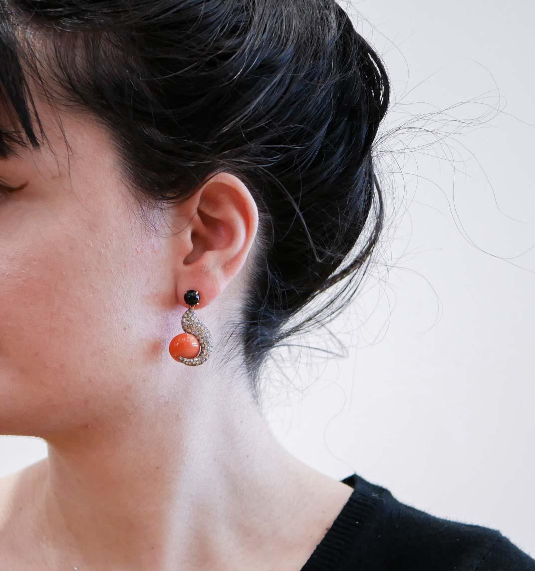Mixed Cut Coral, Onyx, Diamonds, 18 Karat White Gold, Rose Gold and Yellow Gold Earrings. For Sale