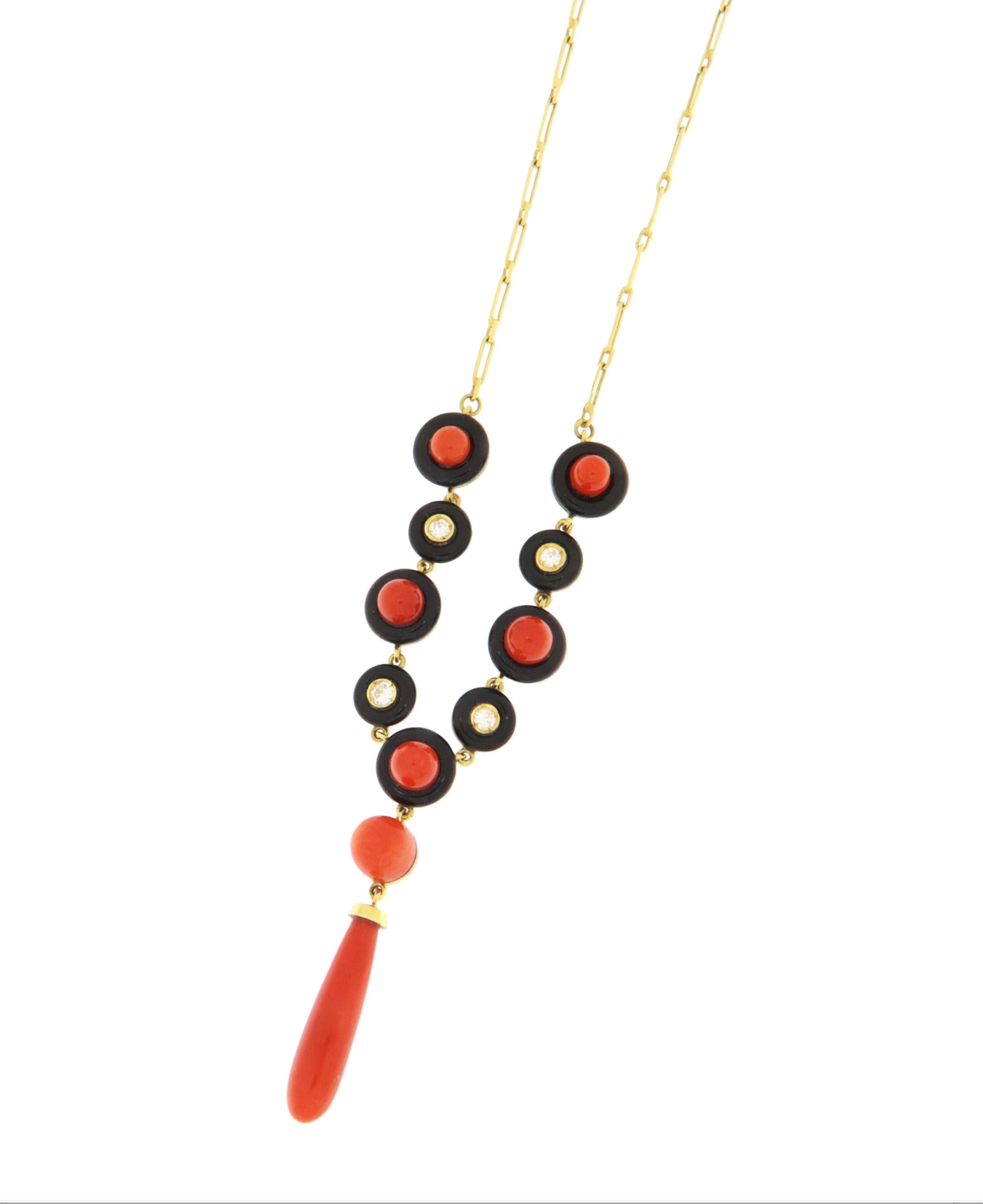 Artisan Coral Onyx Diamonds 18 Karat Yellow Gold Pendant Necklace For Sale