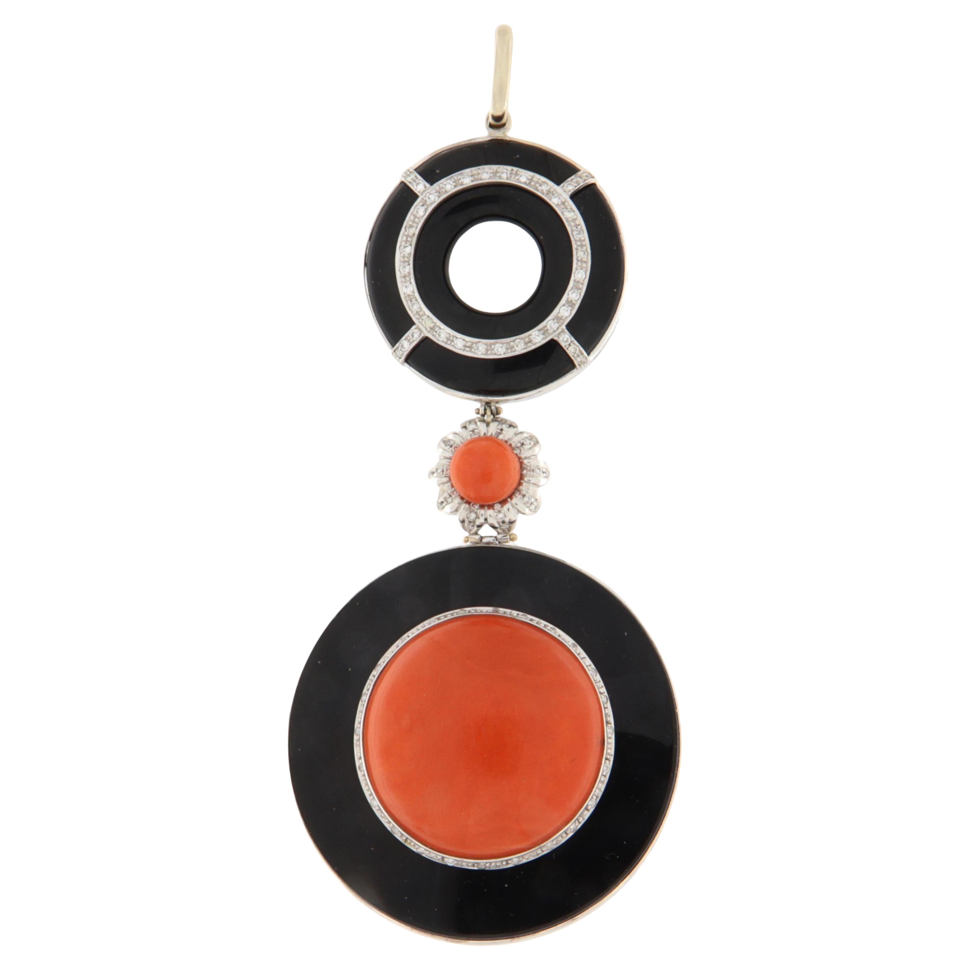 Coral Onyx Diamonds 18 Kt White Gold Pendant Necklace
