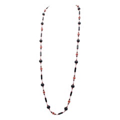 Coral, Onyx, Diamonds, 9 Karat White Gold Multi-Strands Necklace
