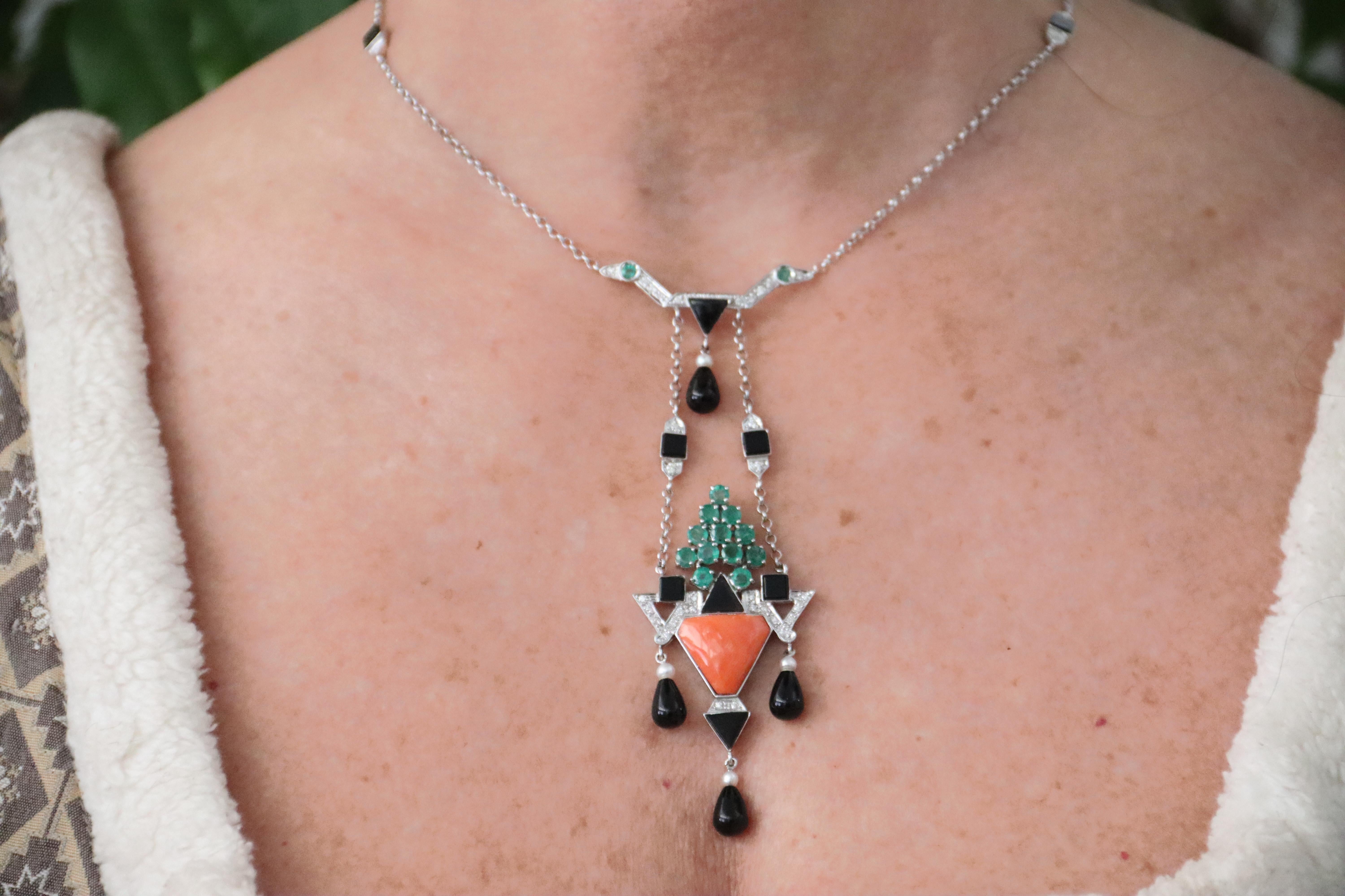 Coral Onyx Diamonds Emeralds 18 Karat White Gold Pendant Necklace For Sale 3