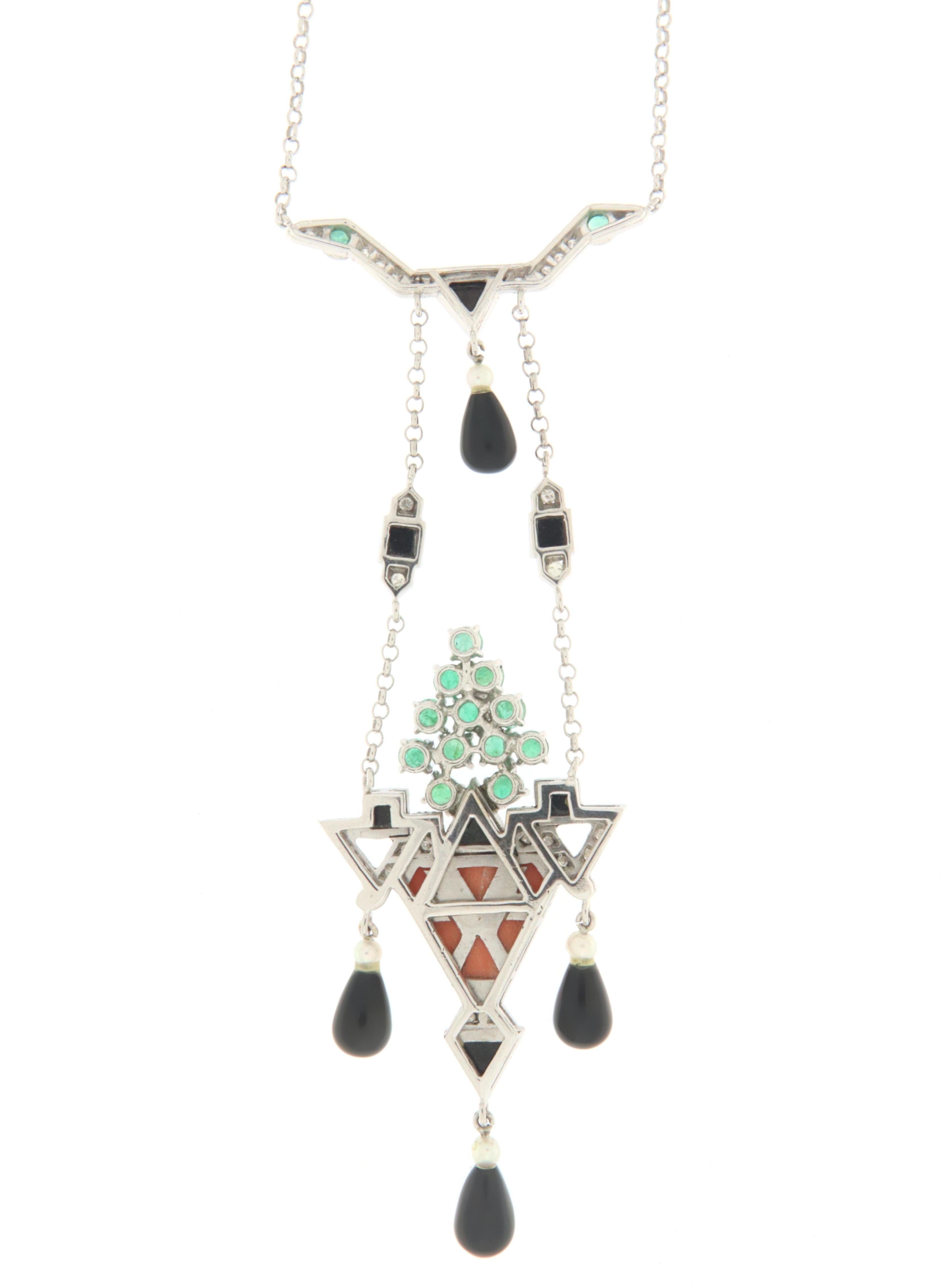 Artisan Coral Onyx Diamonds Emeralds 18 Karat White Gold Pendant Necklace For Sale