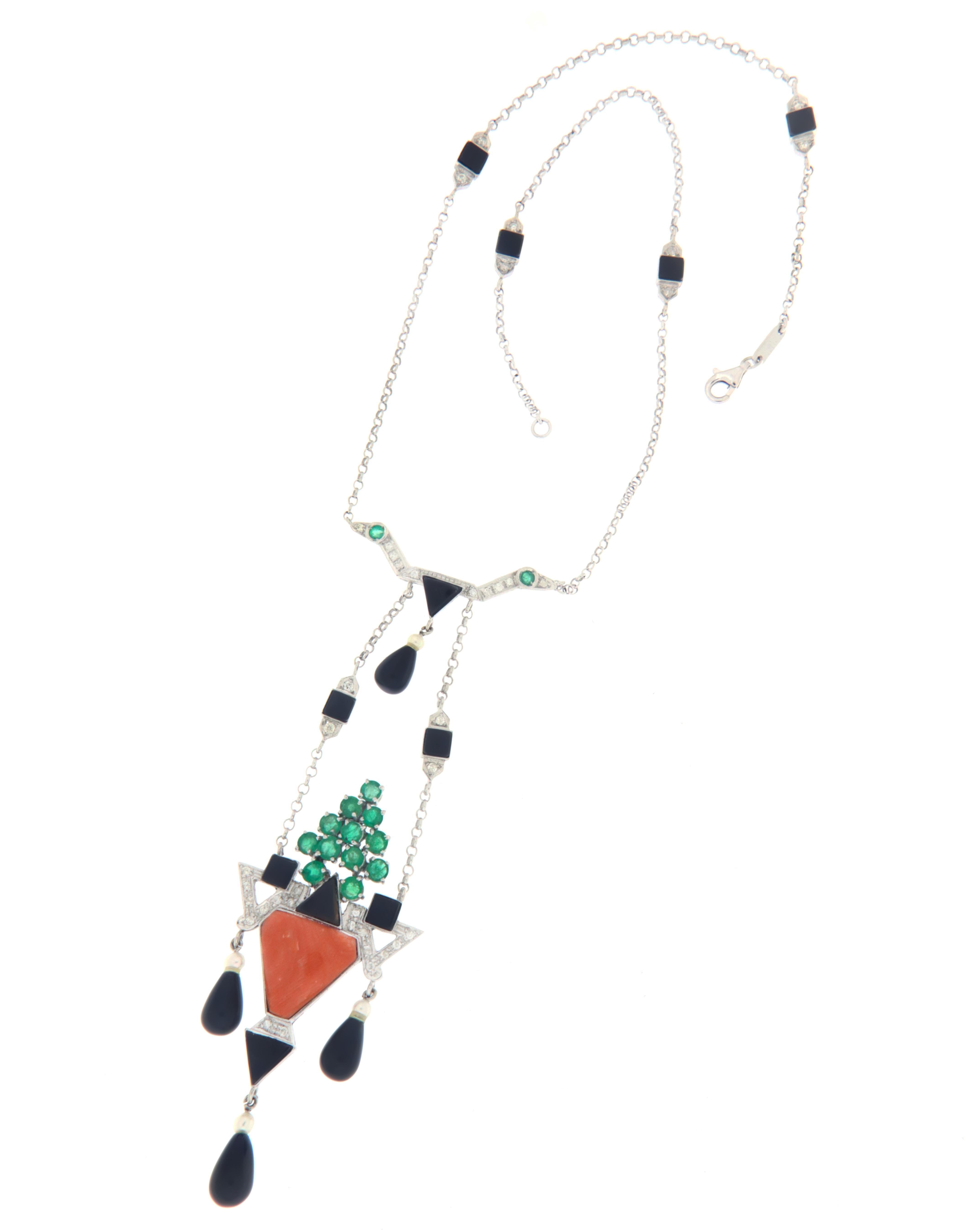 Brilliant Cut Coral Onyx Diamonds Emeralds 18 Karat White Gold Pendant Necklace For Sale