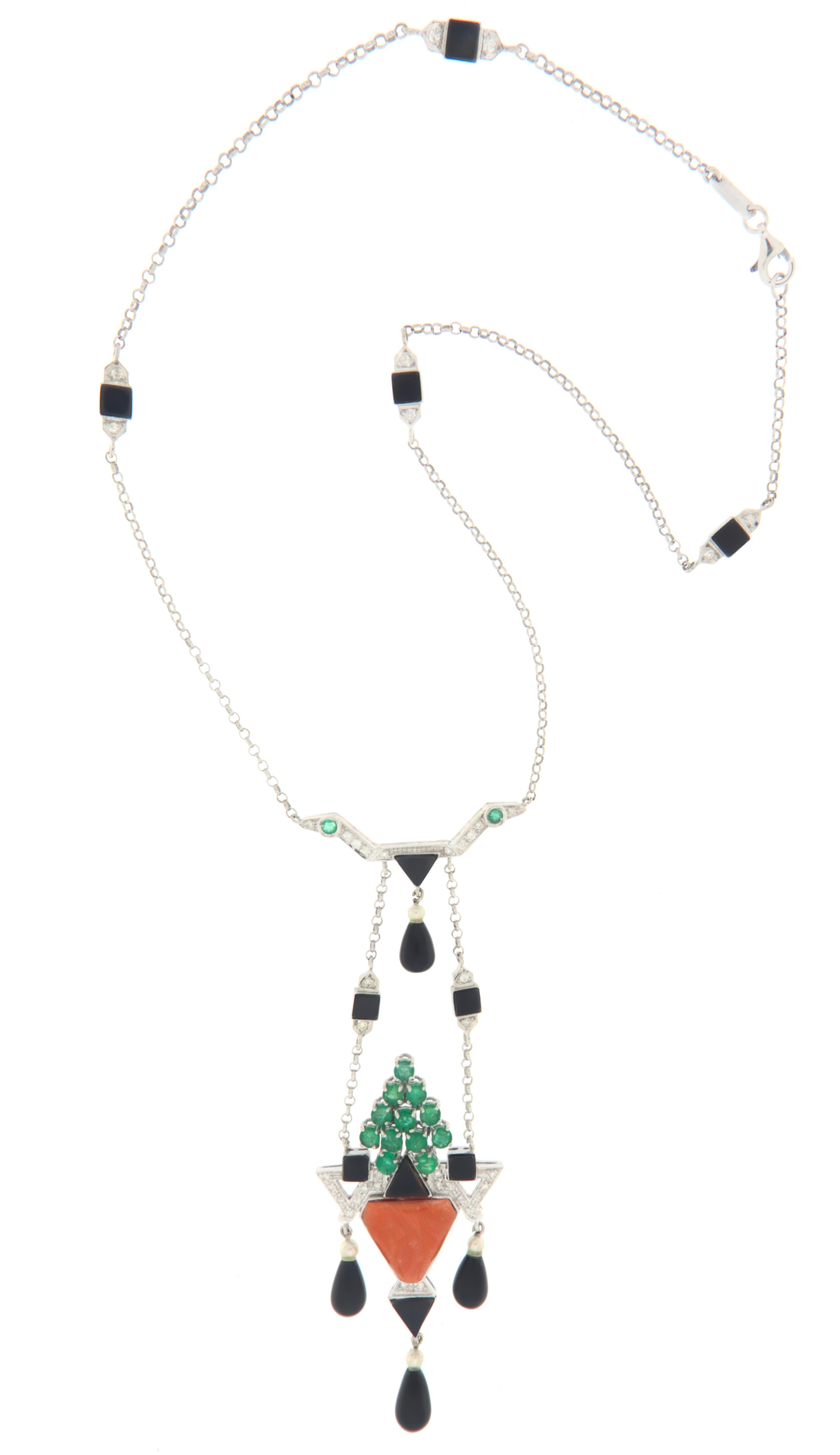 Coral Onyx Diamonds Emeralds 18 Karat White Gold Pendant Necklace In New Condition For Sale In Marcianise, IT