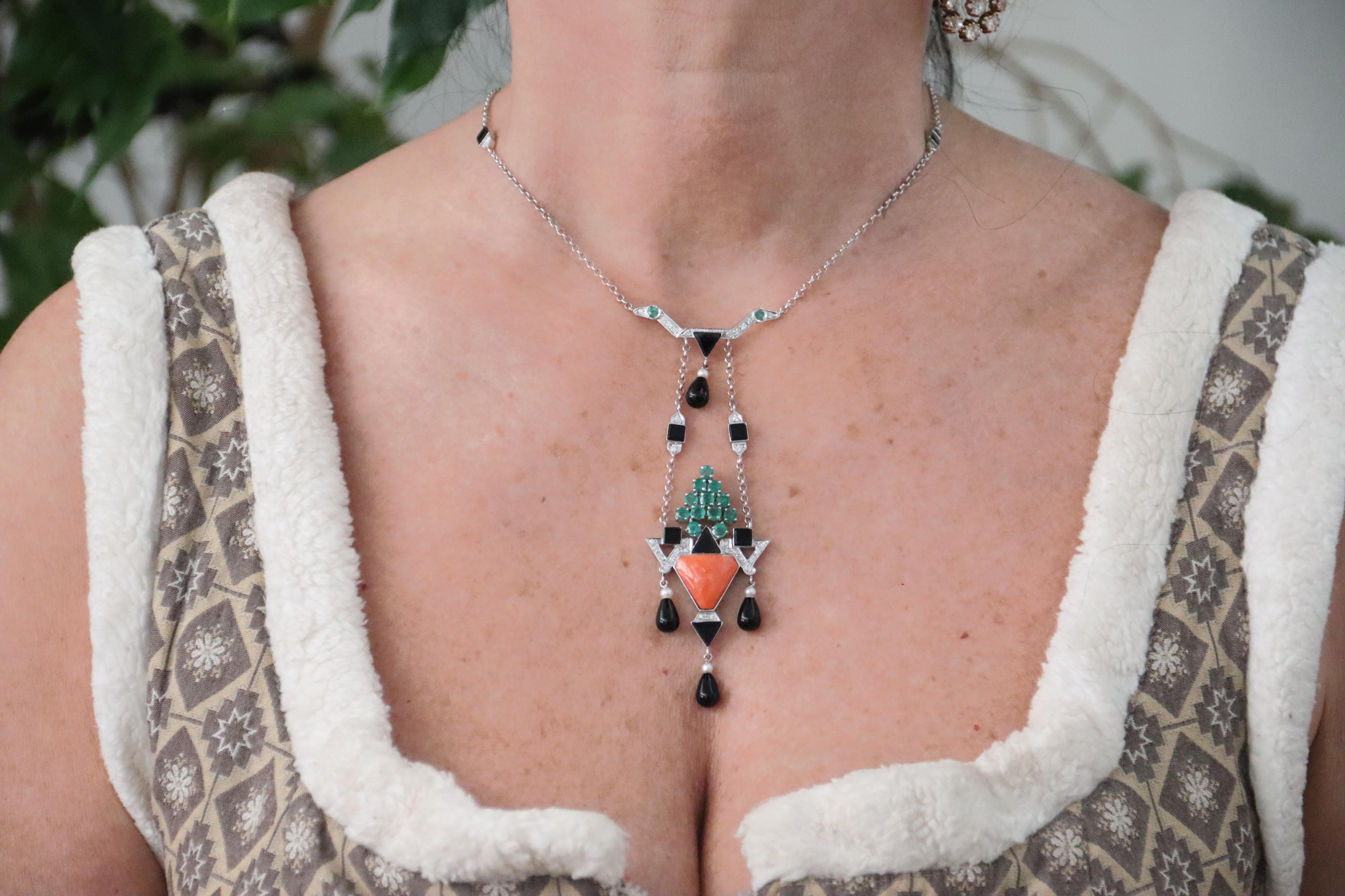 Women's Coral Onyx Diamonds Emeralds 18 Karat White Gold Pendant Necklace For Sale