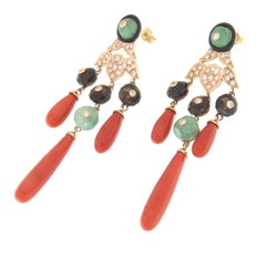 Coral Onyx Diamonds Emeralds Garnet 14 Karat Yellow Gold Drop Earrings