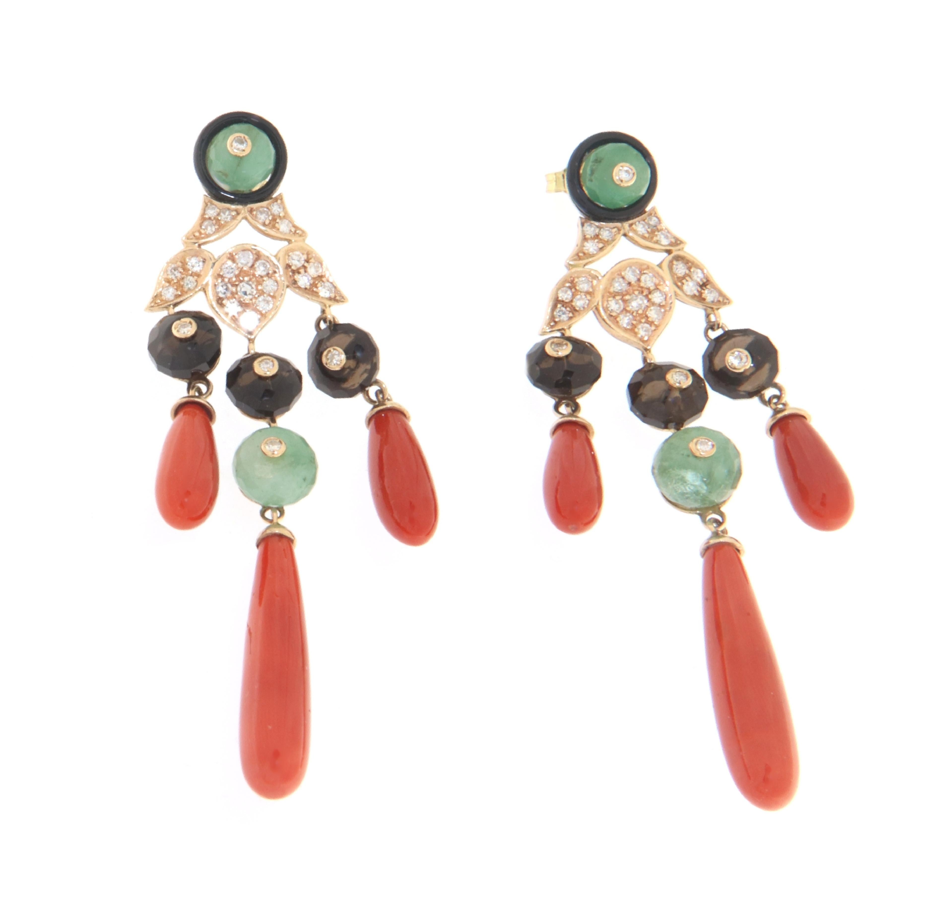 Artisan Coral Onyx Diamonds Emeralds Garnet 14 Karat Yellow Gold Drop Earrings For Sale