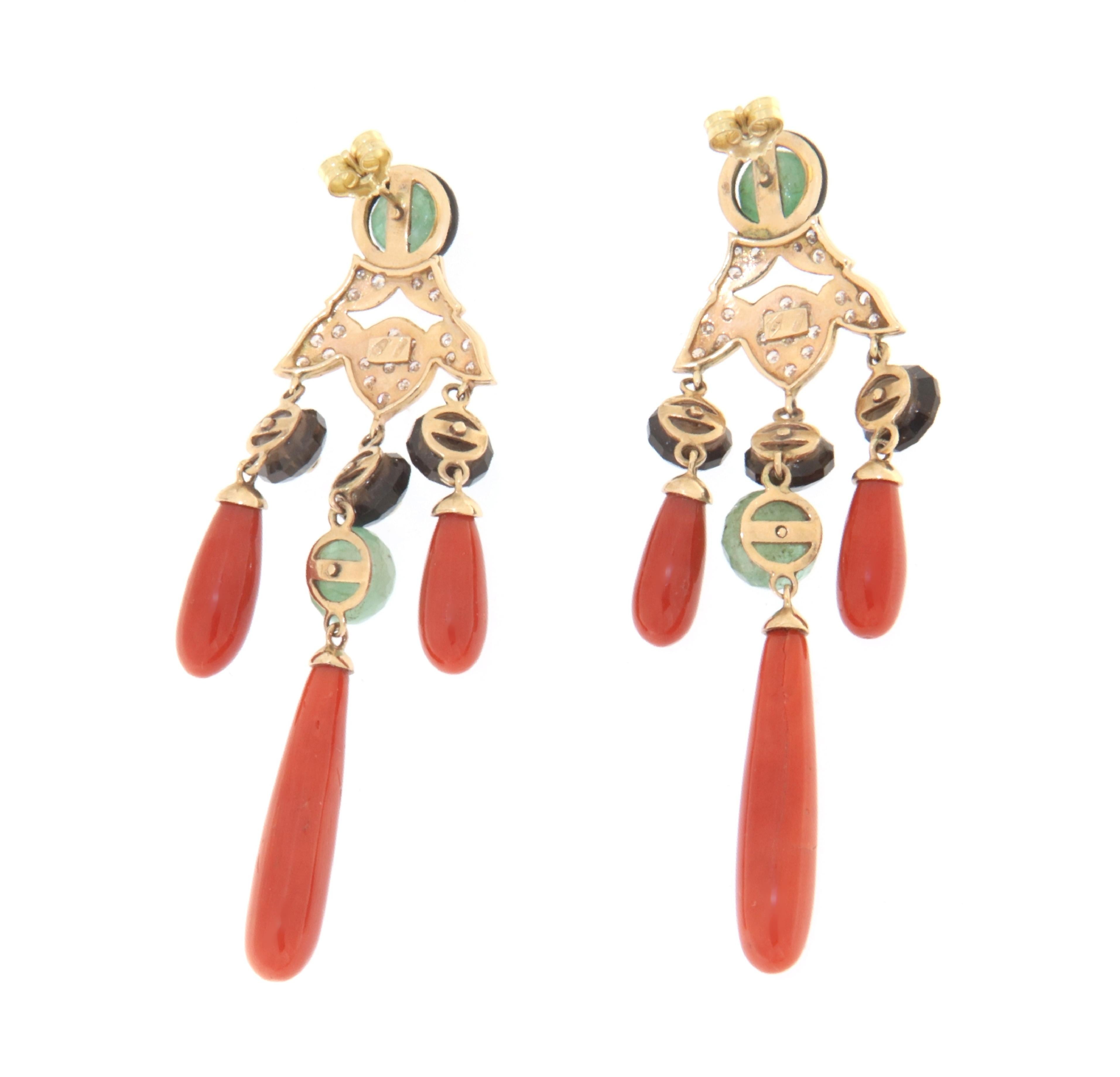 Brilliant Cut Coral Onyx Diamonds Emeralds Garnet 14 Karat Yellow Gold Drop Earrings For Sale