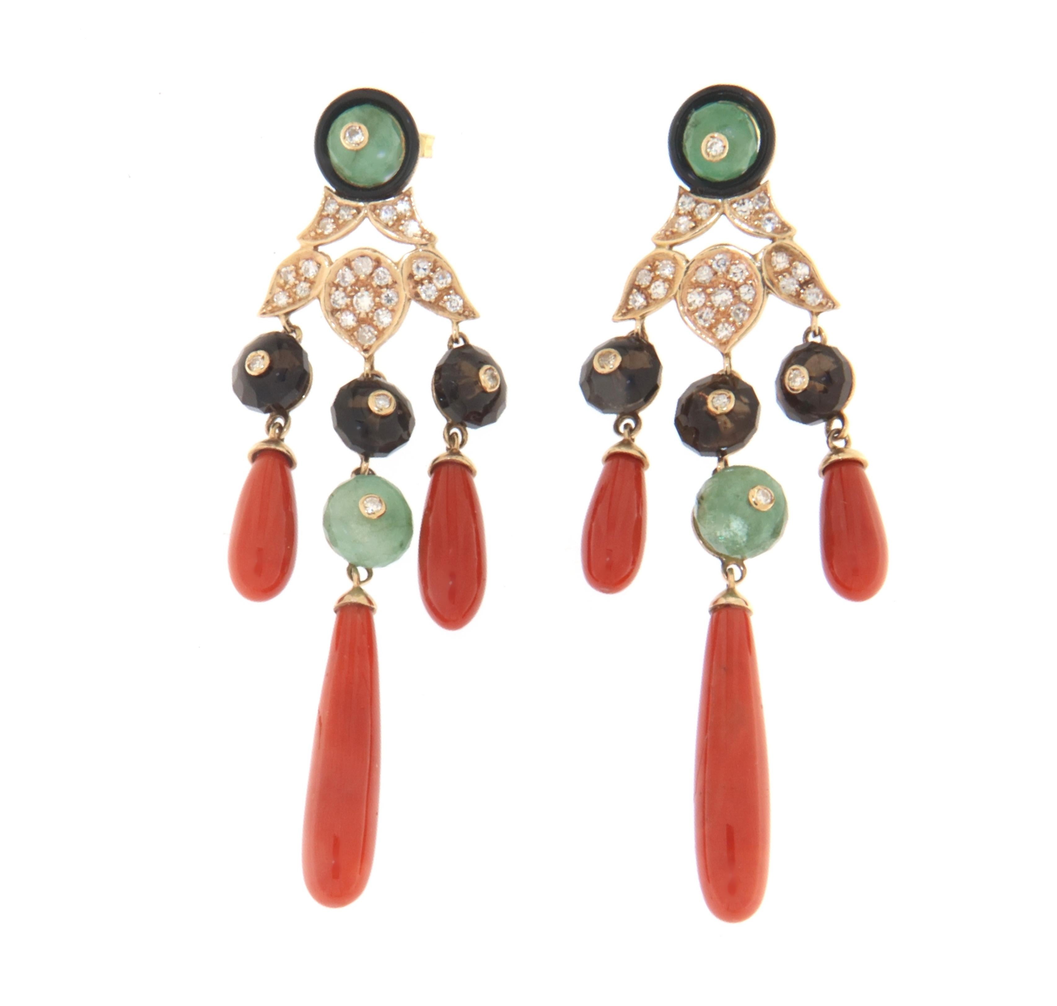 Coral Onyx Diamonds Emeralds Garnet 14 Karat Yellow Gold Drop Earrings In New Condition For Sale In Marcianise, IT