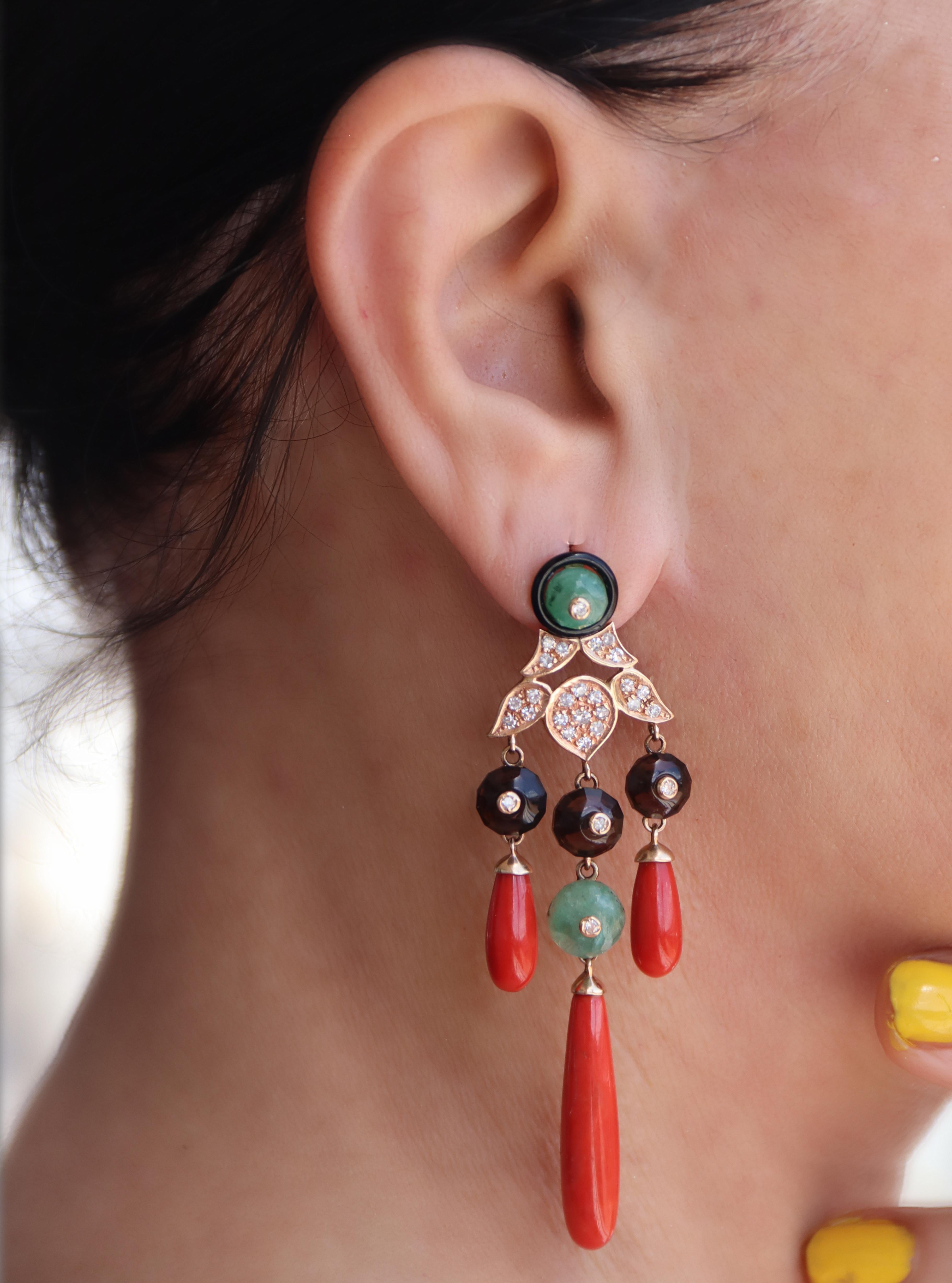Coral Onyx Diamonds Emeralds Garnet 14 Karat Yellow Gold Drop Earrings For Sale 1